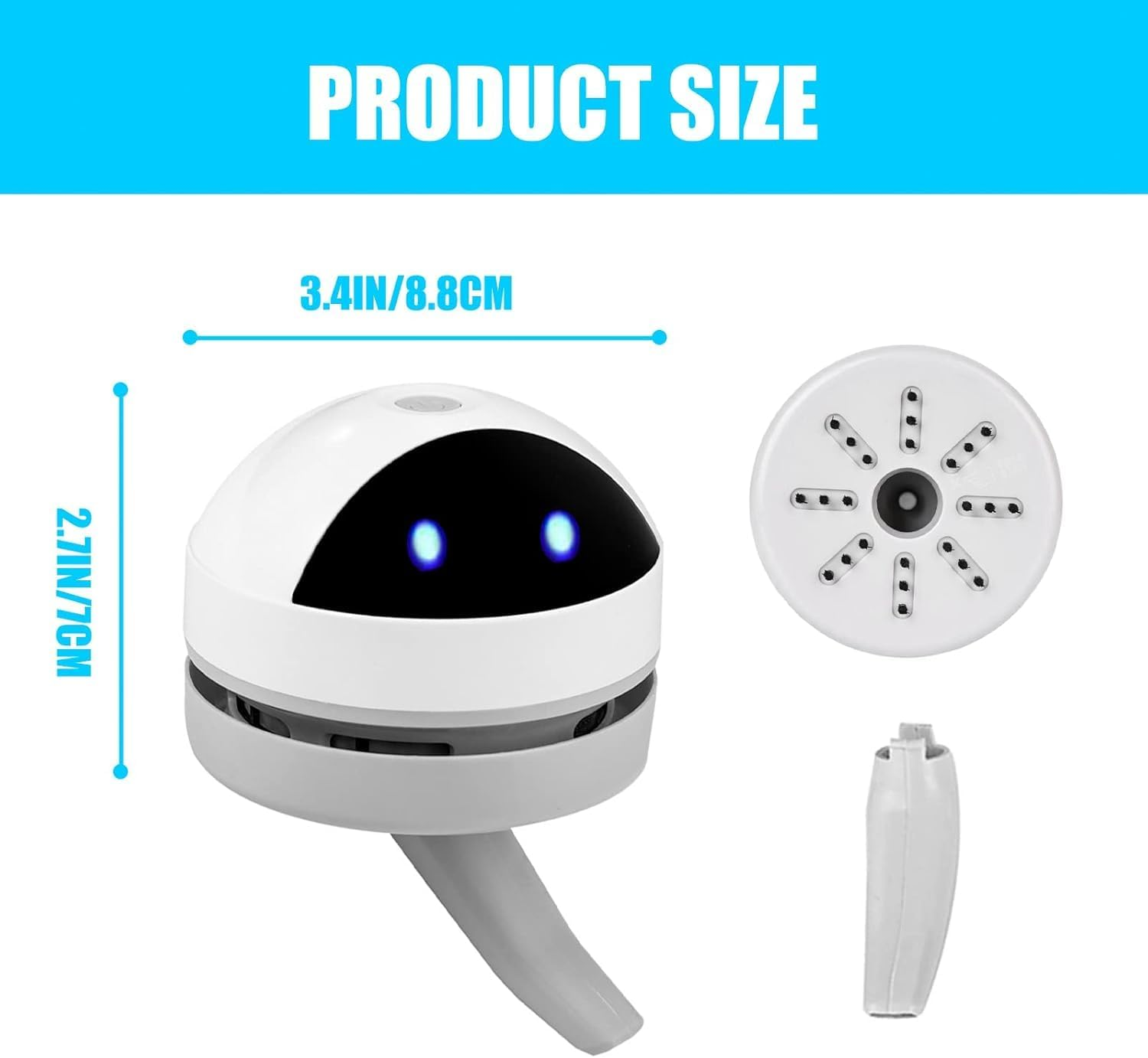 Produktgröße: Weißer Roboter-Staubsauger, 8,8 cm breit, 7 cm hoch.