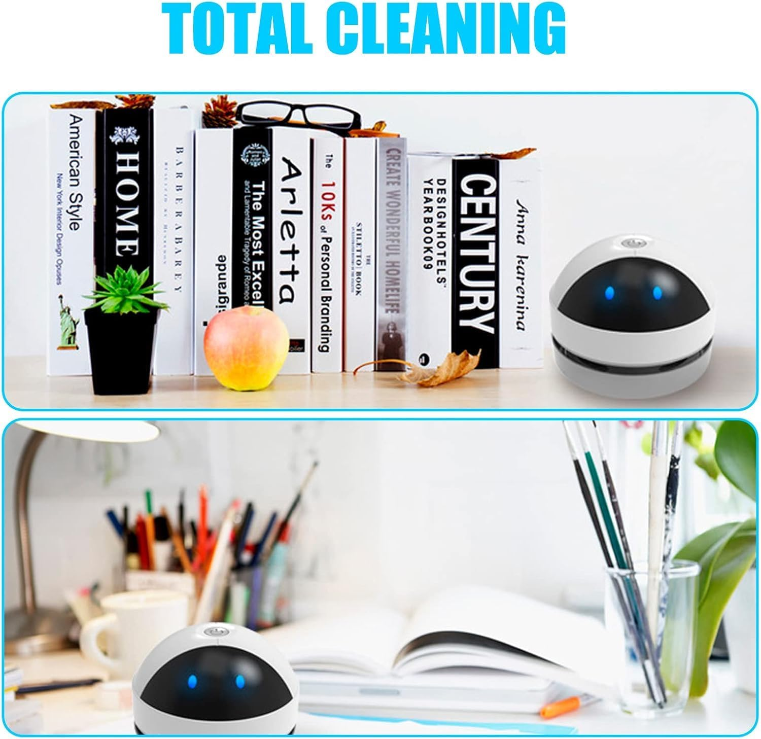 Ein kleiner weißer Roboter saugt Krümel von einem Schreibtisch und einem Bücherregal.