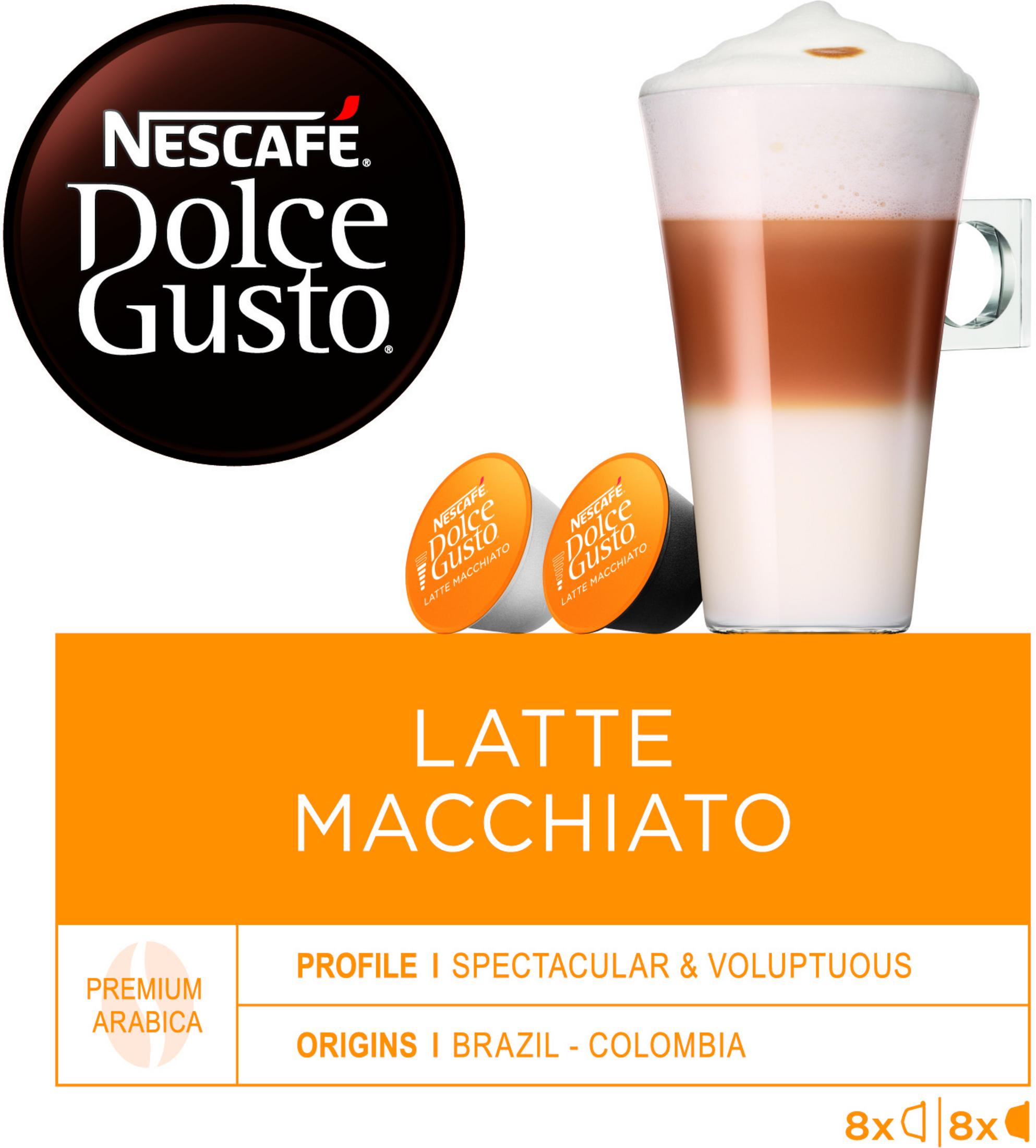 Nescafe Dolce Gusto Latte Macchiato con capsule e bicchiere.