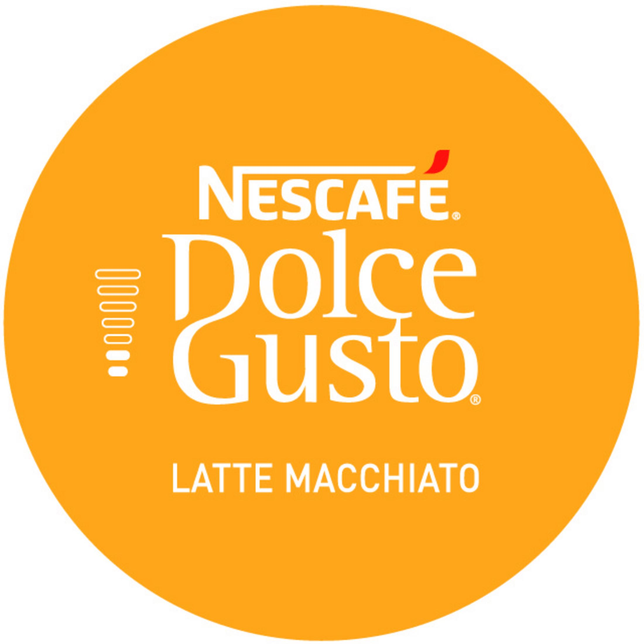 Logo Nescafe Dolce Gusto Latte Macchiato su cerchio arancione.