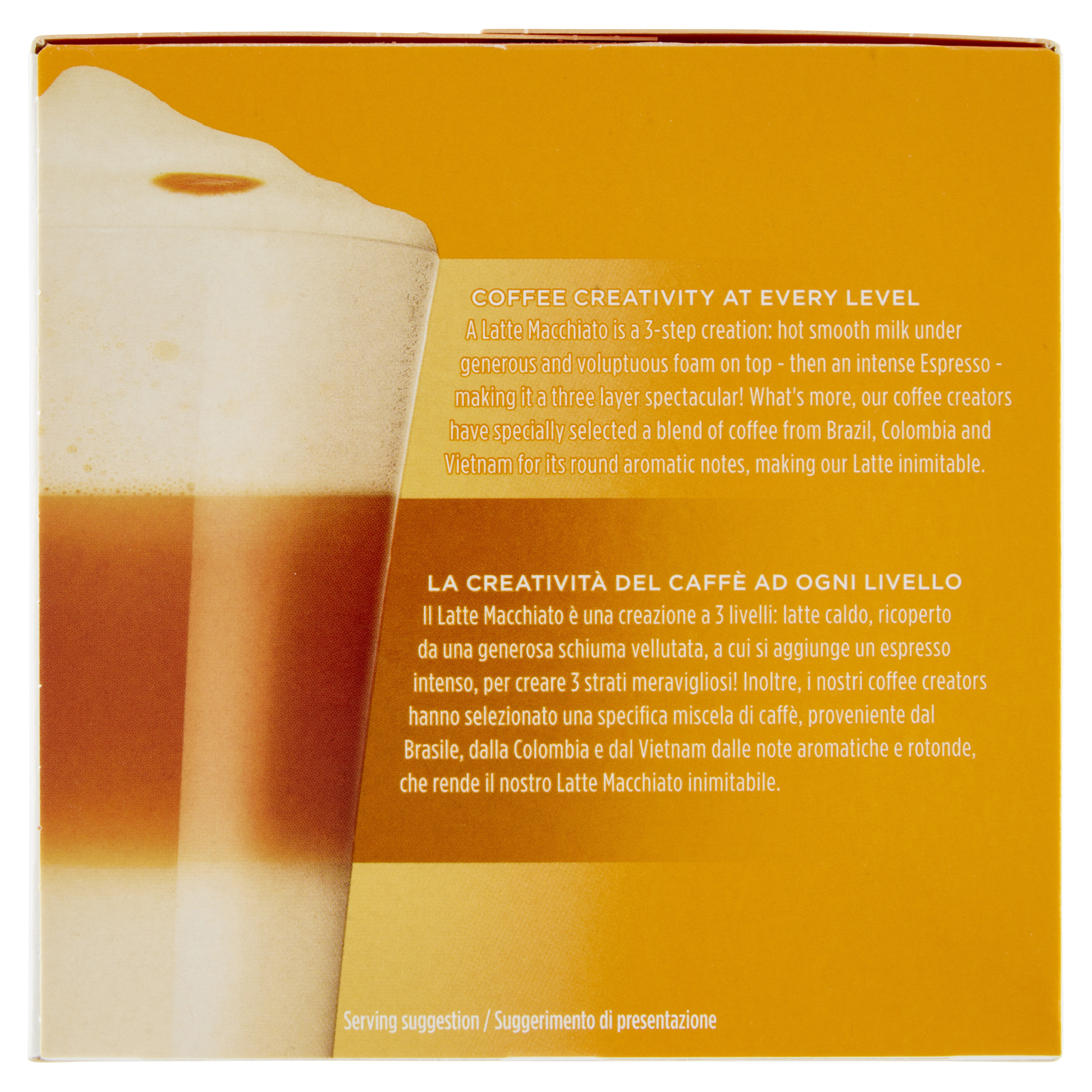 Primo piano di una confezione di latte macchiato con testo.