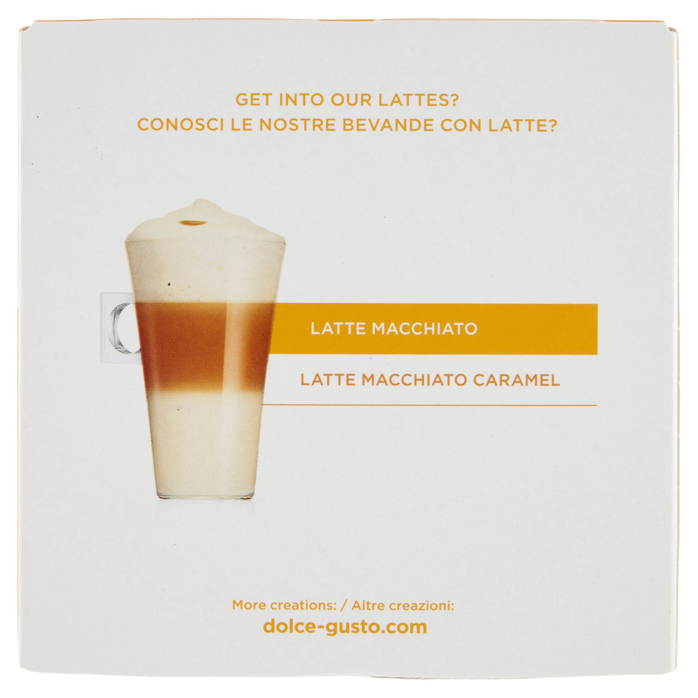 Un latte macchiato al caramello è mostrato su un imballaggio.