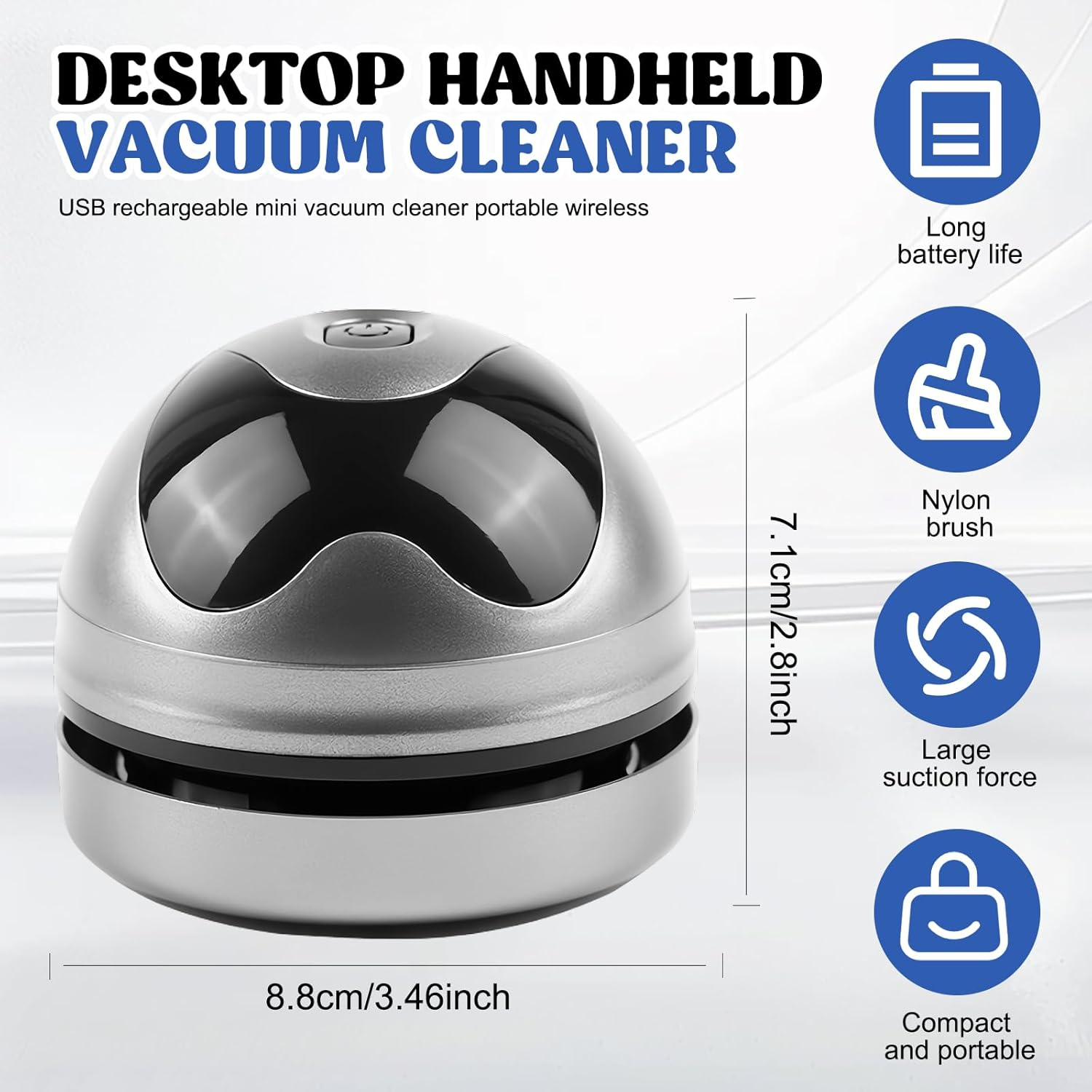 Silberner Desktop-Handstaubsauger, 8,8 cm breit, 7,1 cm hoch. Mit USB-Aufladung.