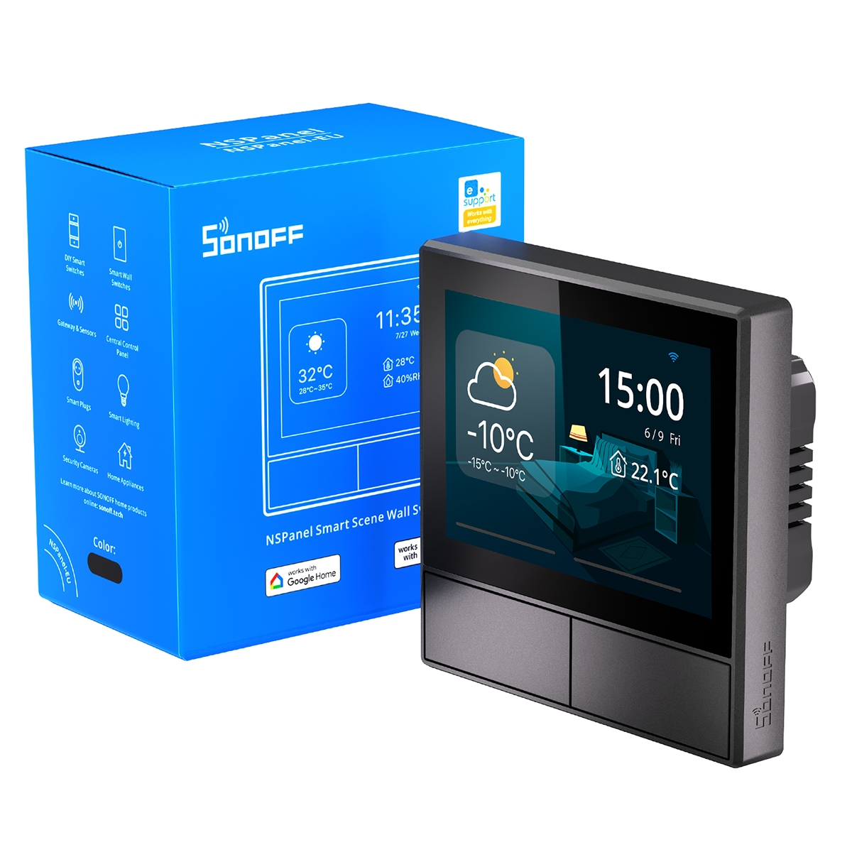 Sonoff NSPanel Smart Scene Wall Switch z pudełkiem. Pokazuje czas, temperaturę i pogodę.