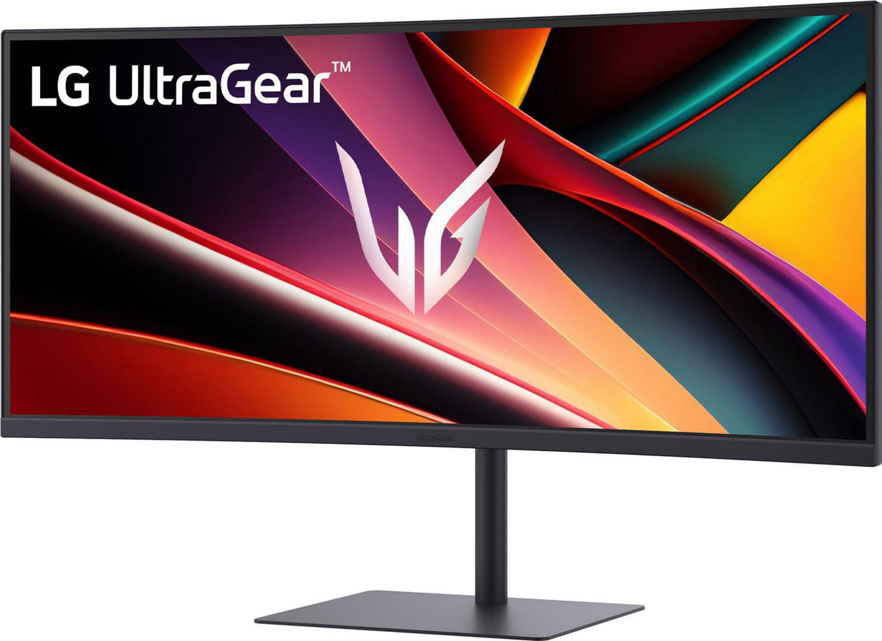 Monitor LG UltraGear wyświetlający abstrakcyjne, kolorowe tło.