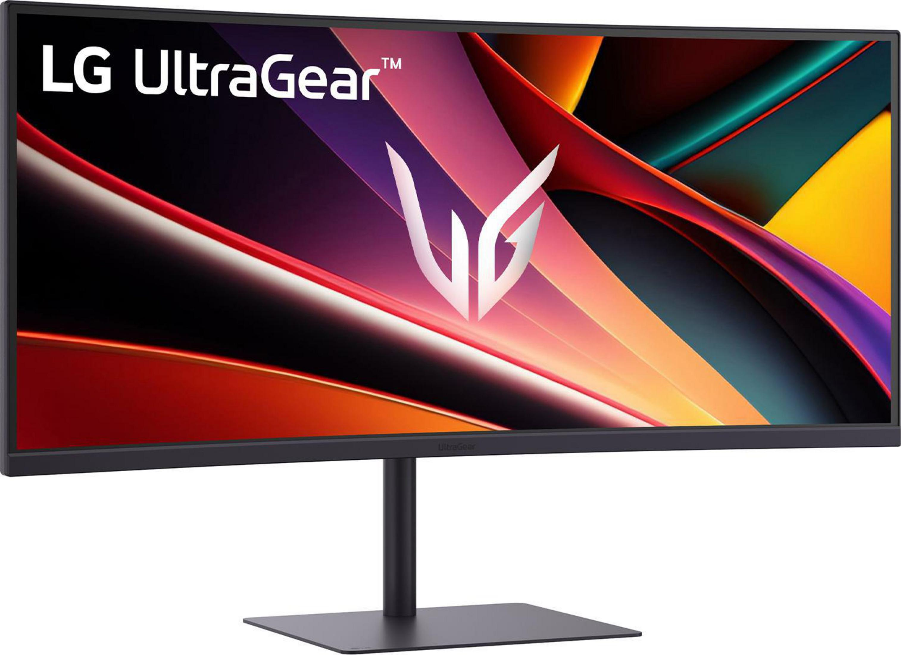 Czarny monitor LG UltraGear wyświetla żywy, abstrakcyjny wzór.