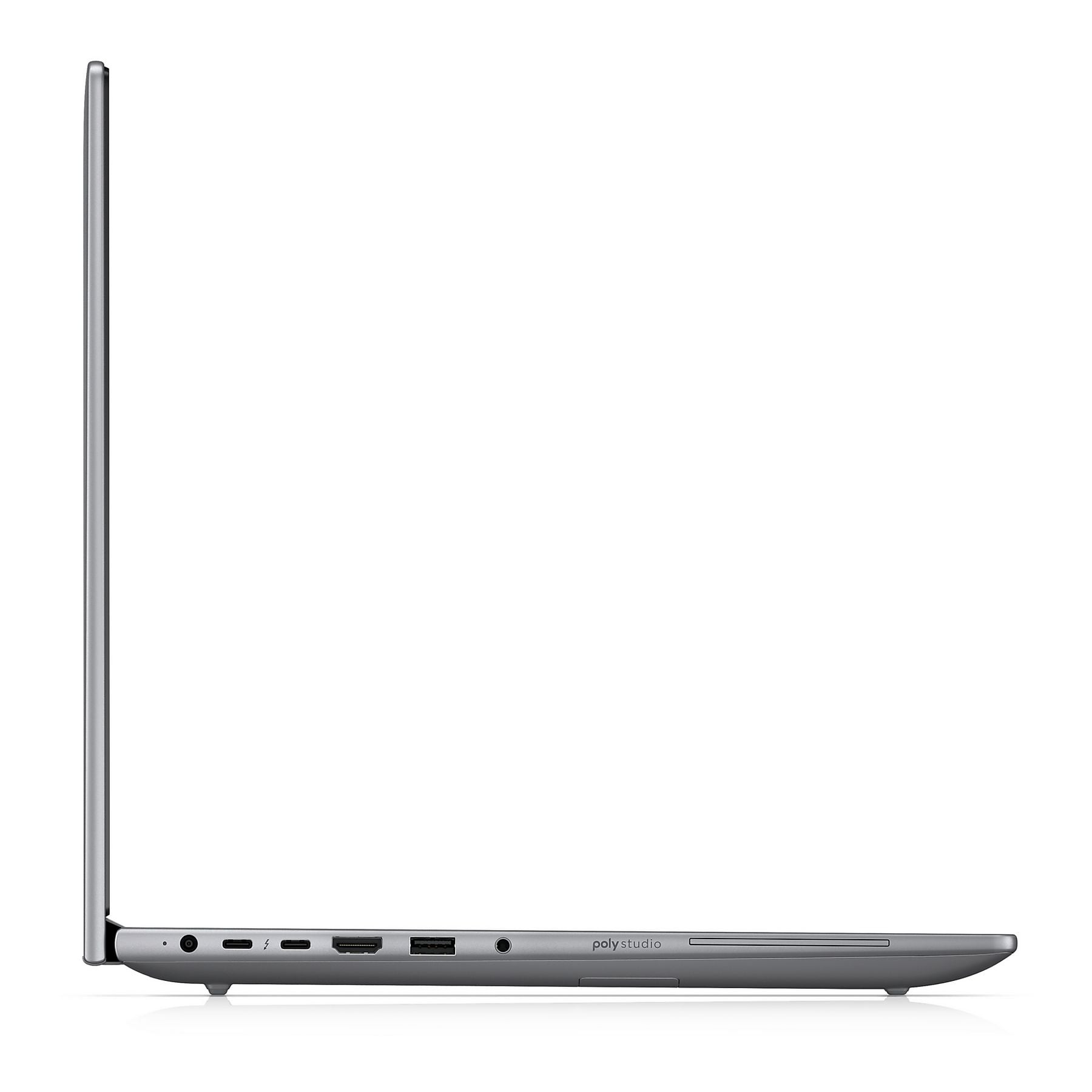 Laptop grigio con porte: audio, USB-C, HDMI, USB-A.