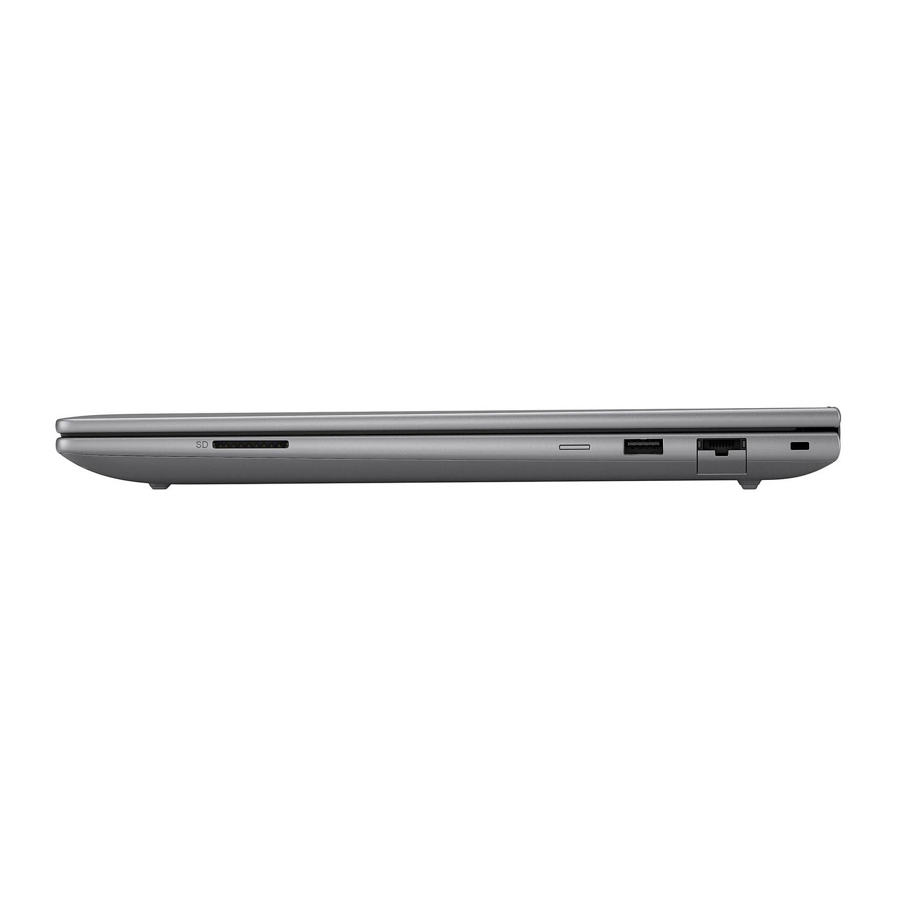 Laptop grigio con lettore di schede SD, porta USB e porta Ethernet.