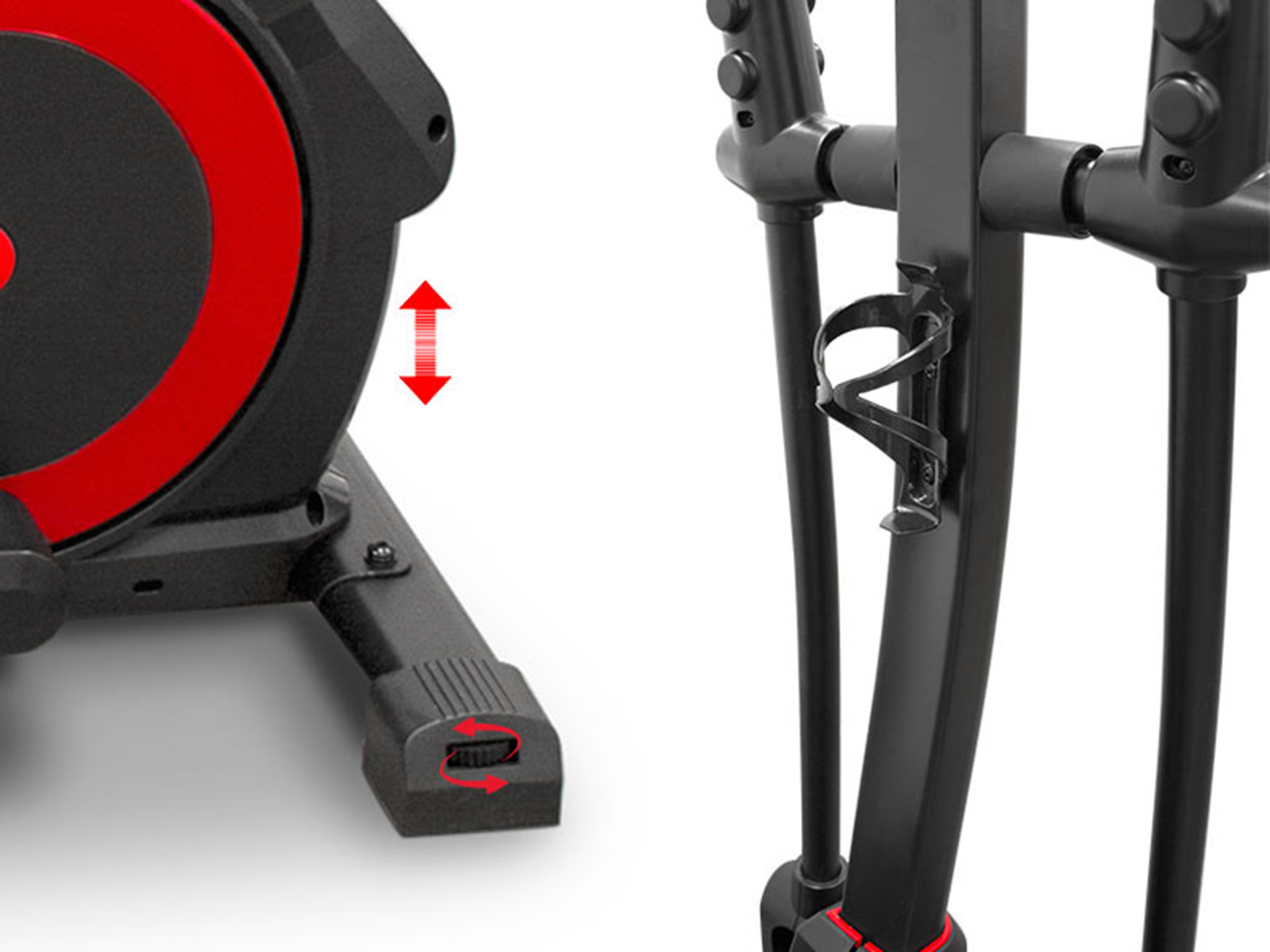 Primer plano de la rueda de inercia roja de una bicicleta estática y portabotellas.