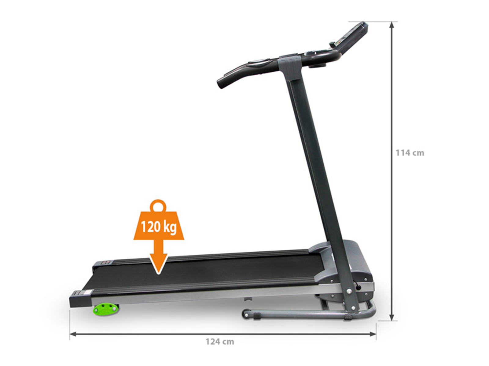 Cinta de correr gris con pantalla, 124cm de largo, 114cm de alto, máx. 120kg.