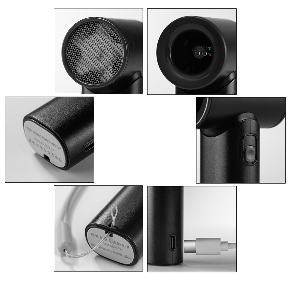 Primer plano de un ventilador negro con rejilla y pantalla digital mostrando 100%.