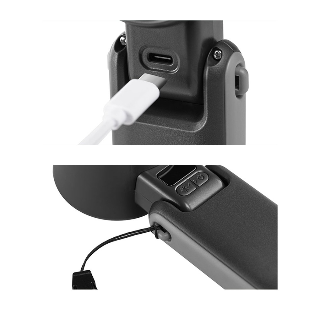 Un cable USB-C se inserta en un dispositivo negro. Controles visibles abajo.