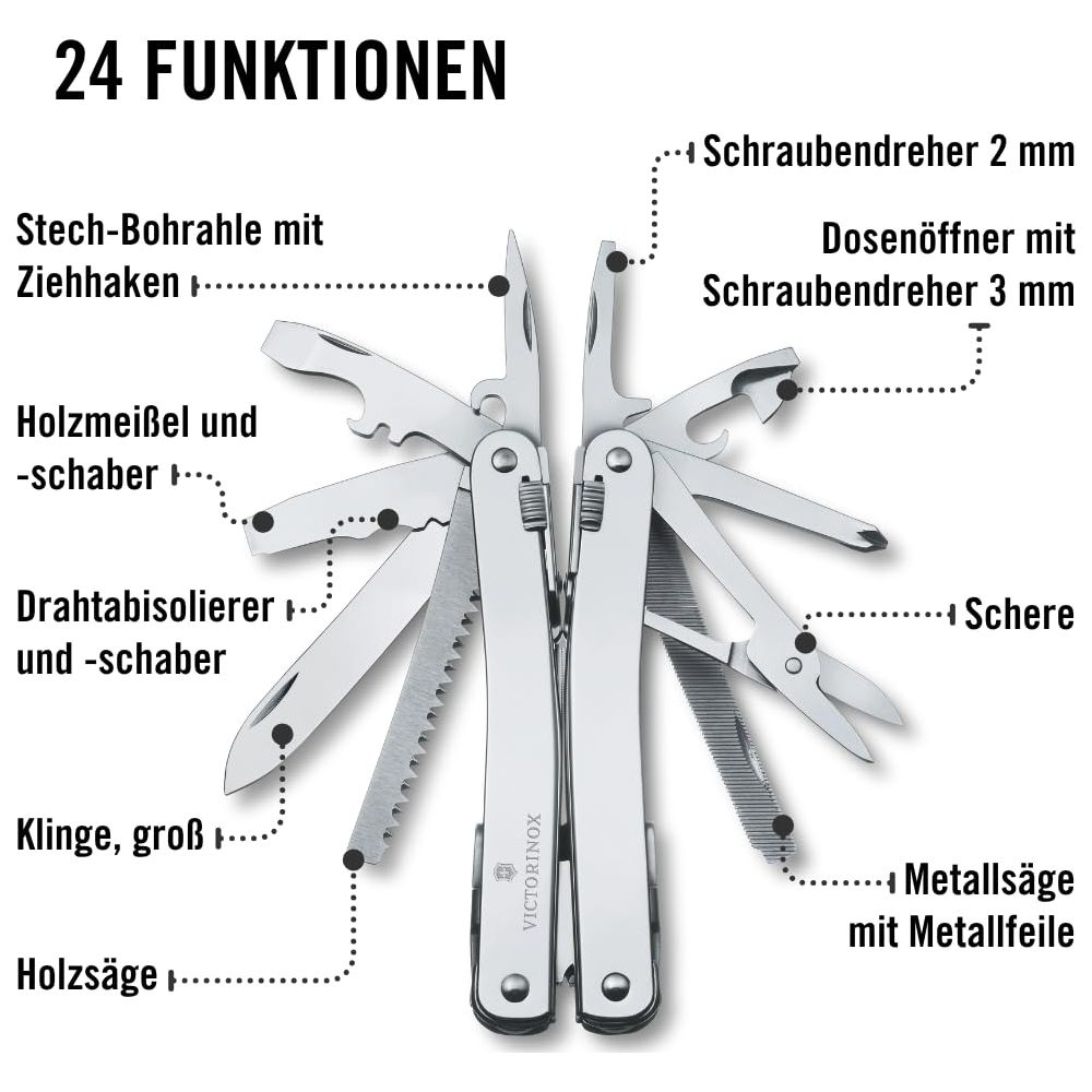 Ein silbernes Multitool mit vielen ausklappbaren Werkzeugen, Beschriftungen in Deutsch.