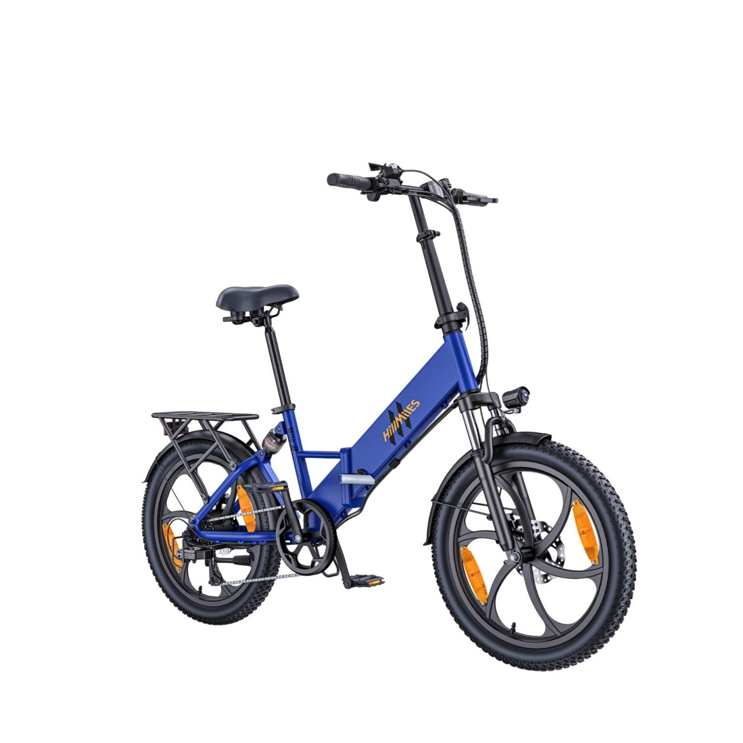 Ein blaues faltbares E-Bike mit schwarzen Reifen, Gepäckträger und Scheinwerfer.