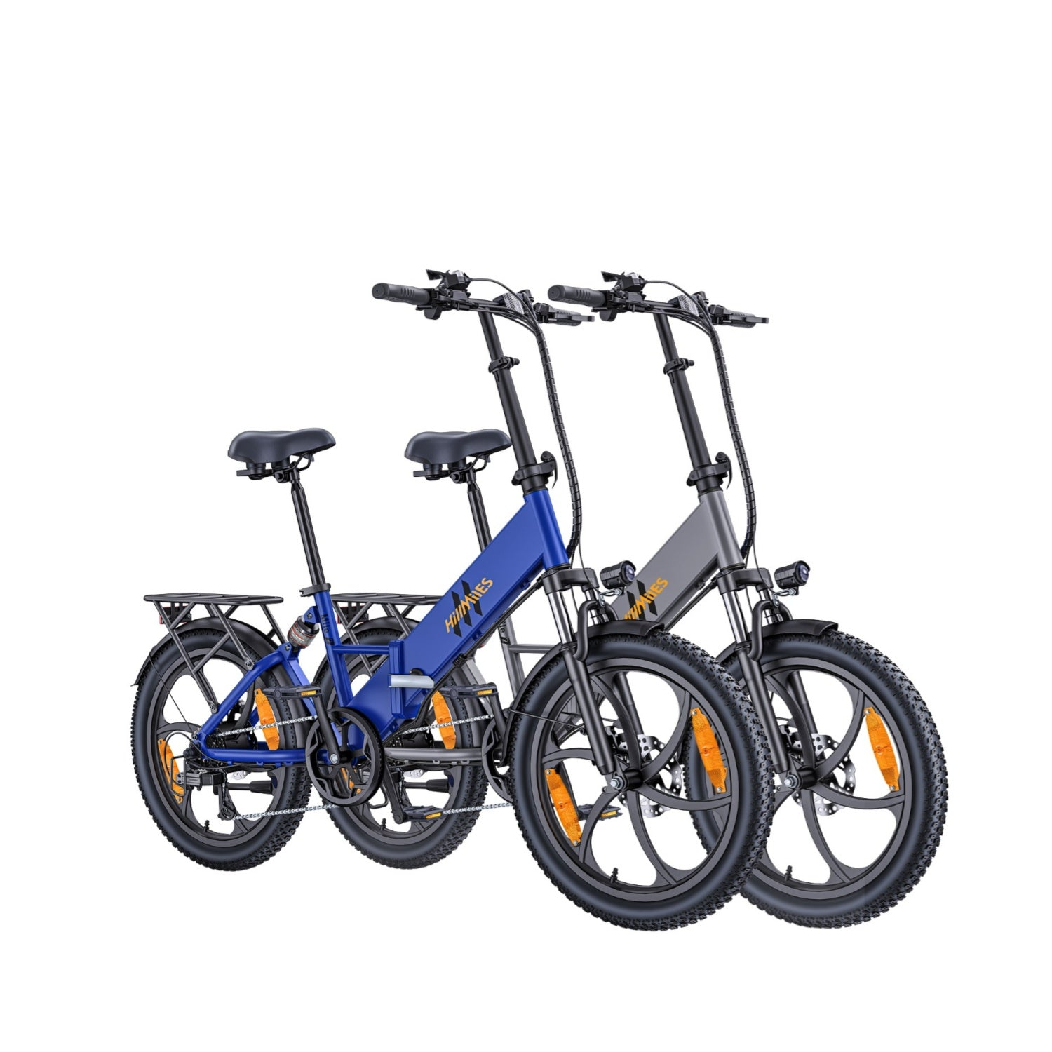 Zwei faltbare Elektrofahrräder nebeneinander, eins blau, eins grau.