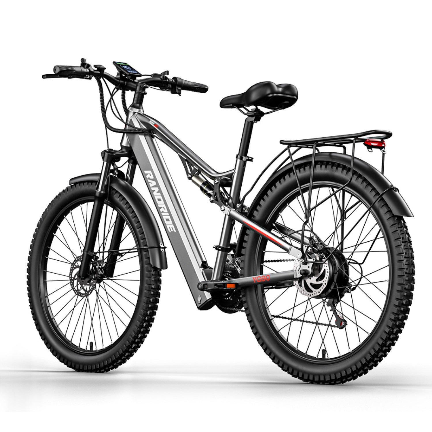 Una bicicleta eléctrica gris con llantas anchas, suspensión, portaequipajes y pantalla.