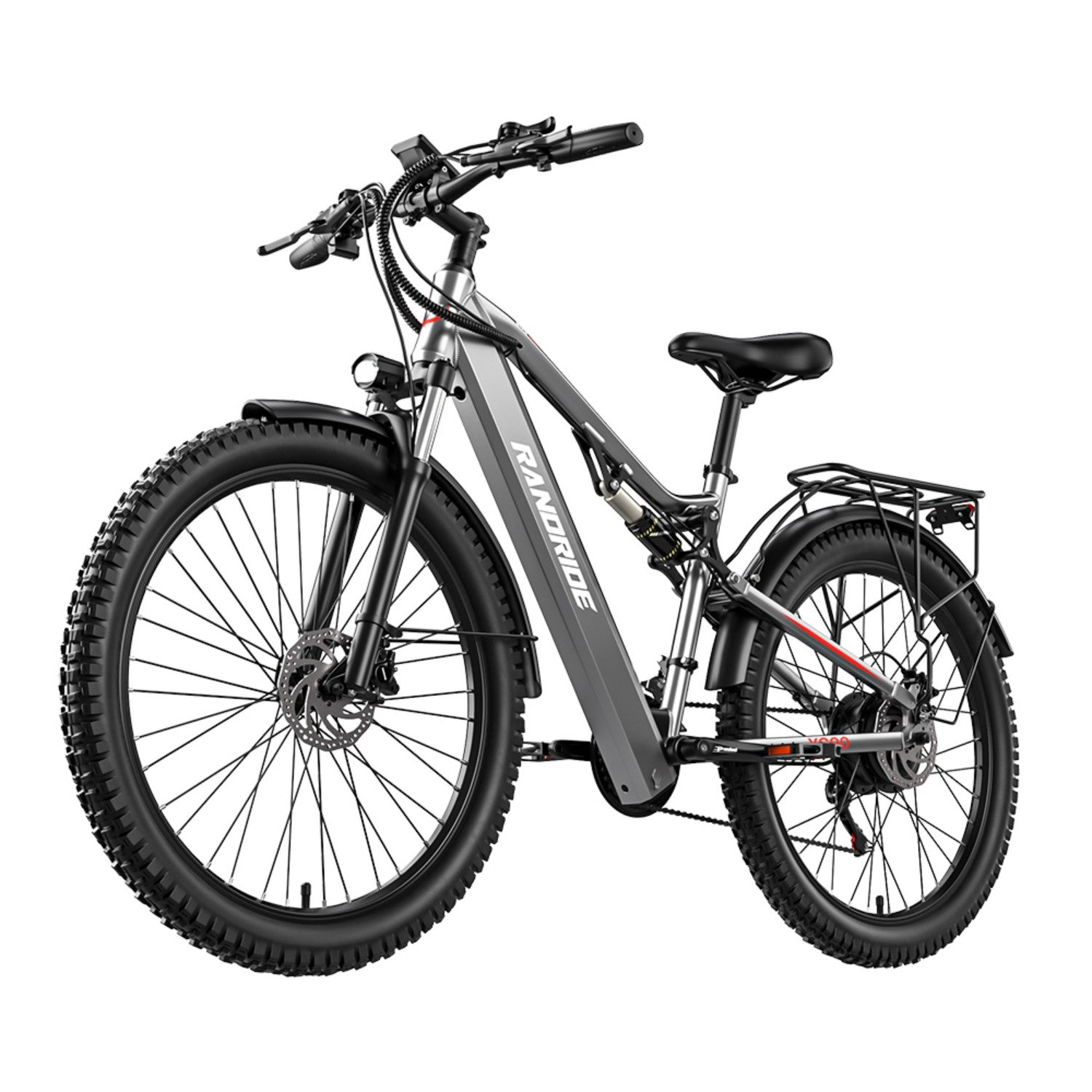 Una bicicleta eléctrica gris con neumáticos anchos, suspensión, portaequipajes y faro.