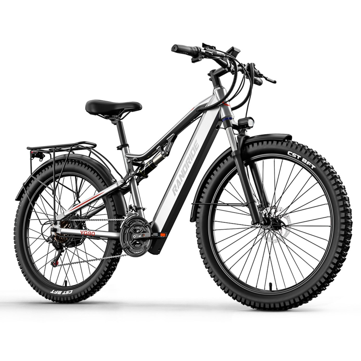Una bicicleta eléctrica plateada y negra con neumáticos anchos, portaequipajes y suspensión.