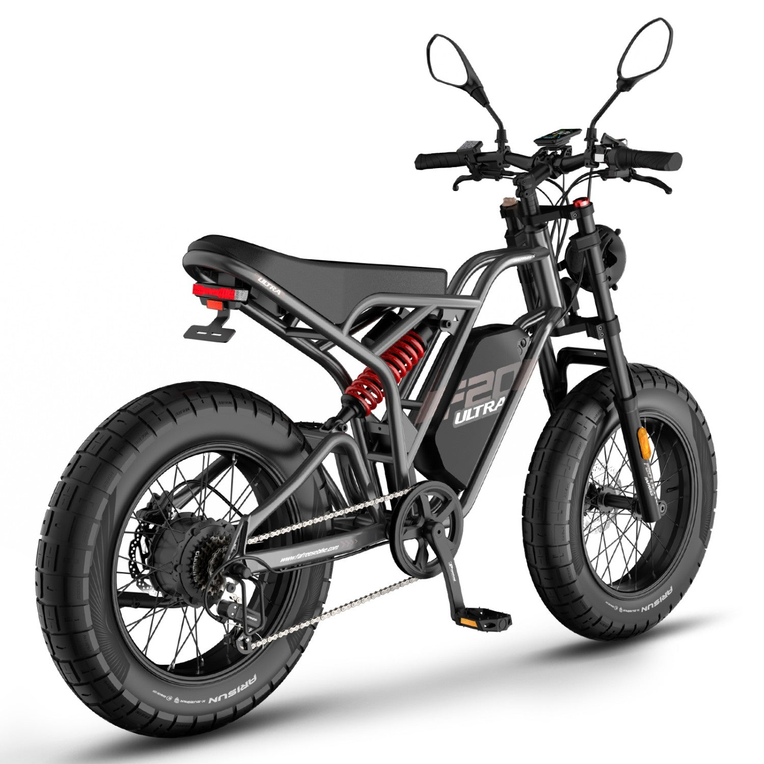 Una bicicleta eléctrica negra con neumáticos anchos, amortiguador trasero rojo y "F20 ULTRA".