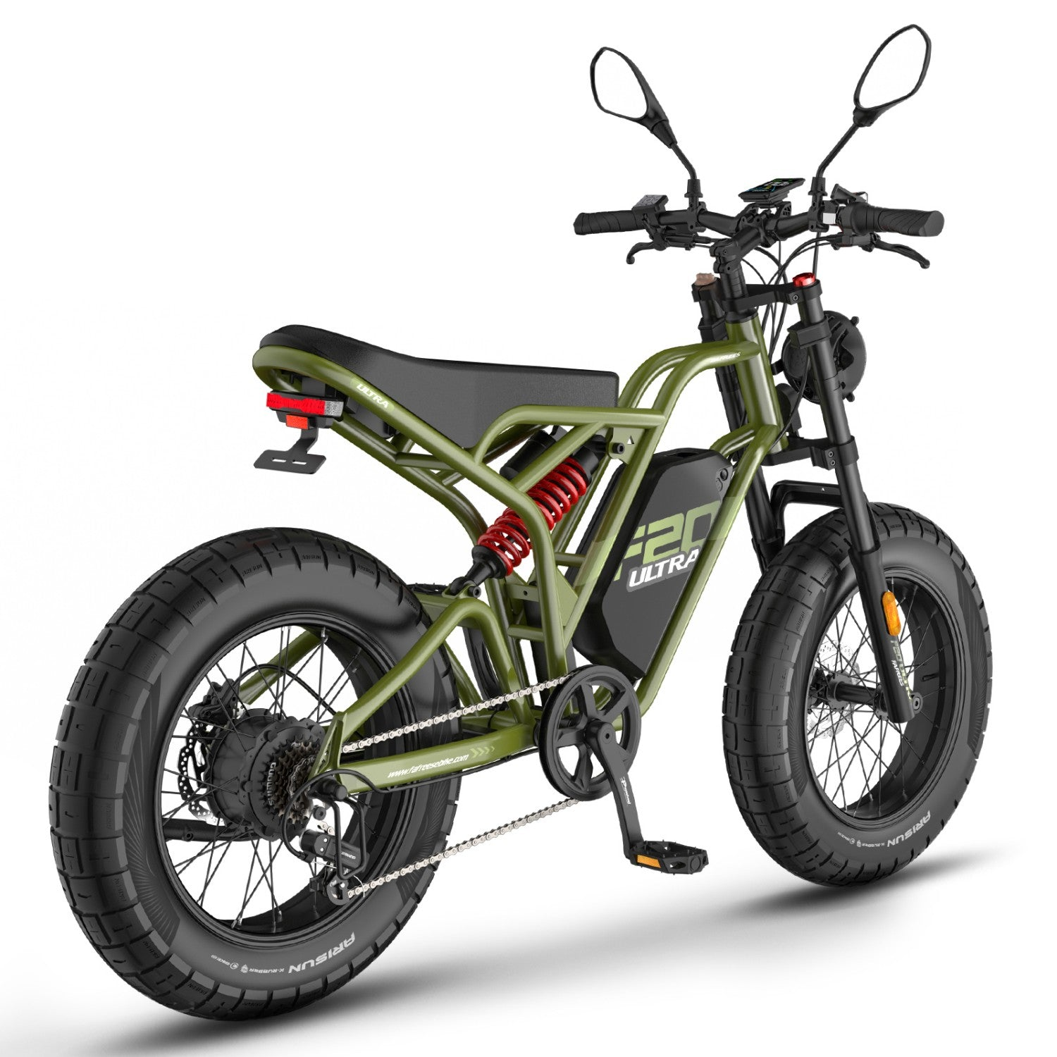Bicicleta eléctrica verde de llantas anchas con asiento negro y amortiguador rojo.