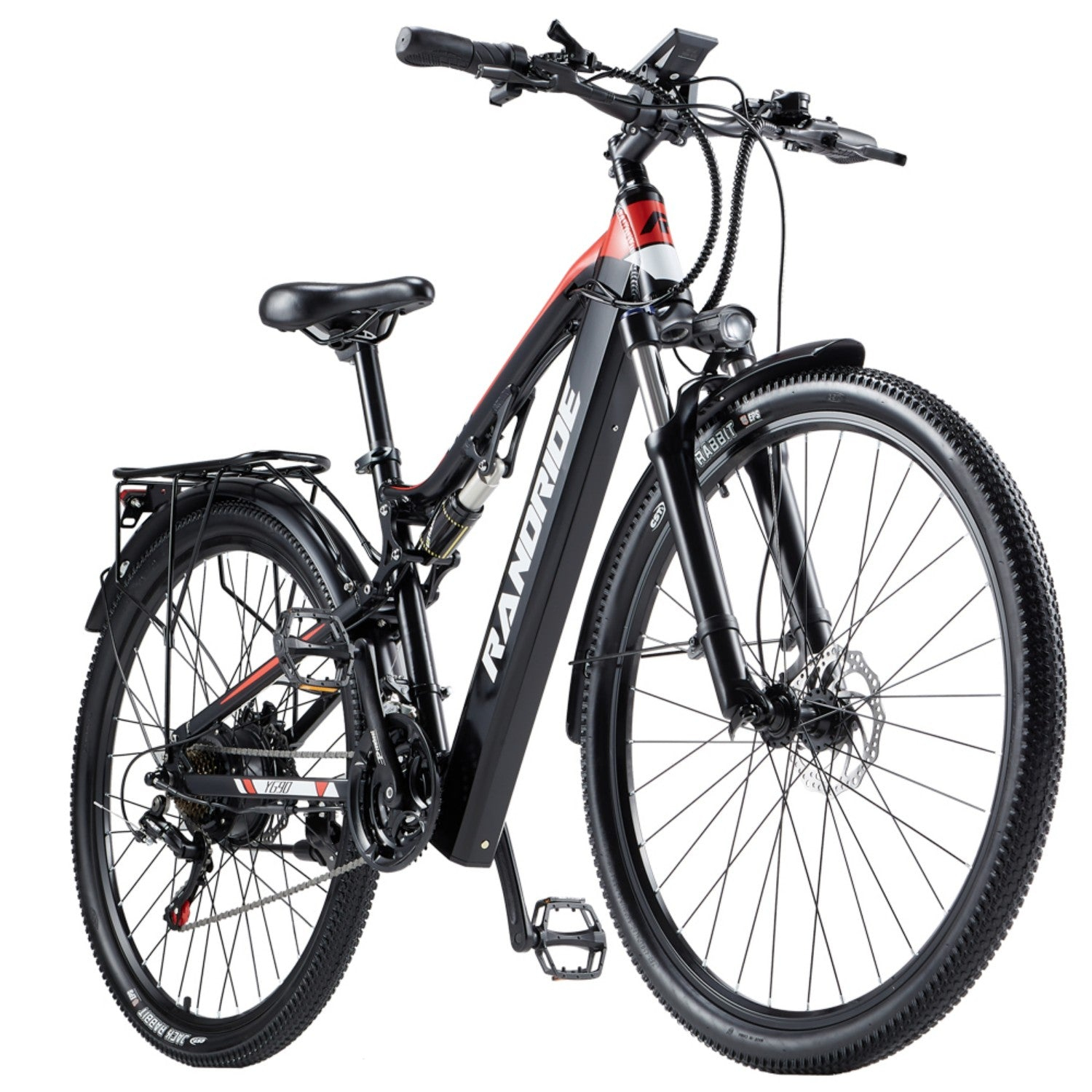 Una bicicleta eléctrica negra con detalles rojos, suspensión y portaequipajes.