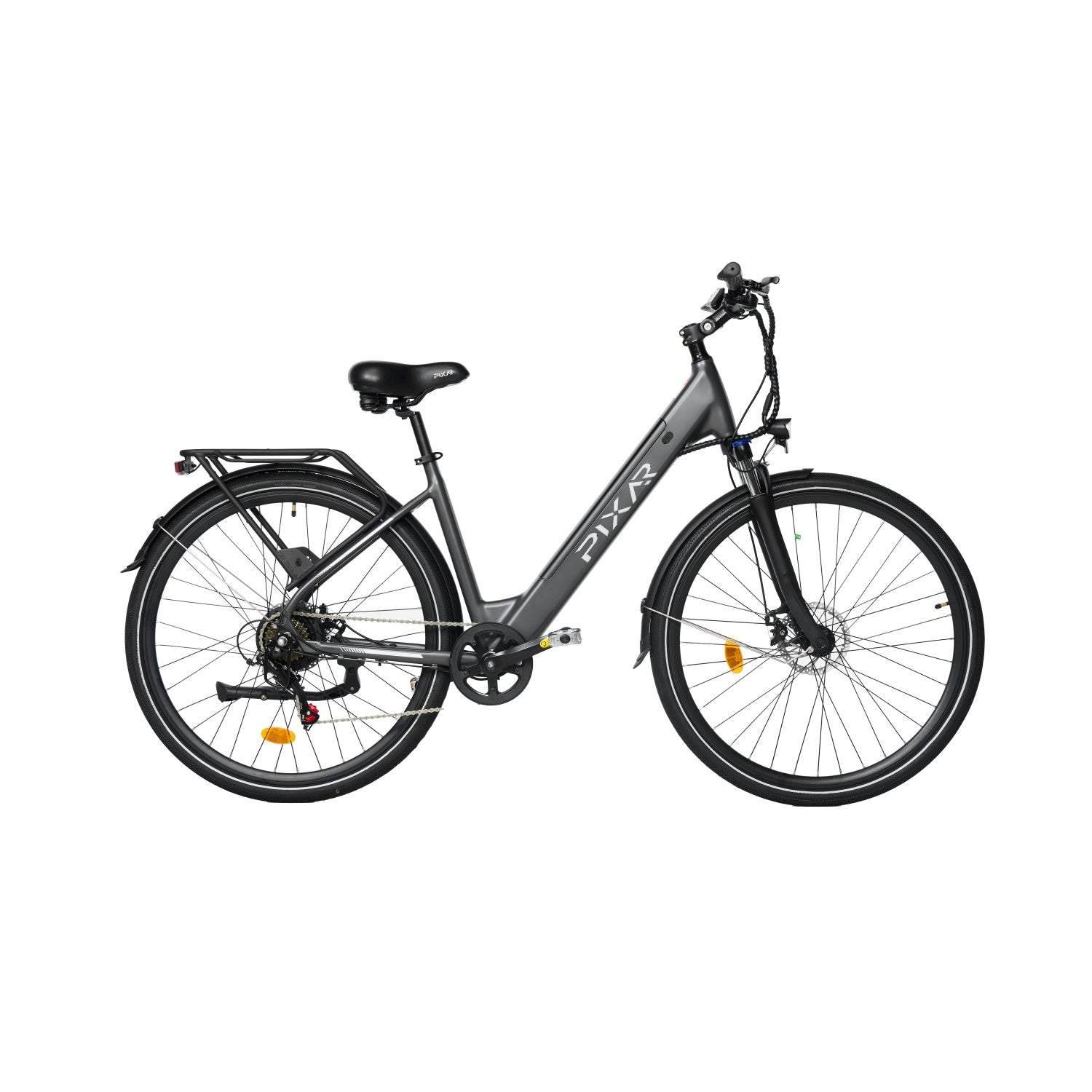 Bicicleta eléctrica gris con portaequipajes y guardabarros.
