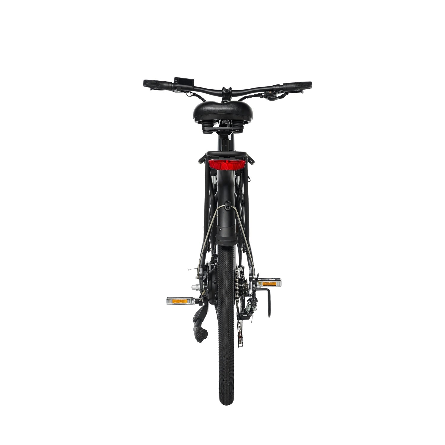 Vista trasera de una bicicleta negra con luces traseras y pedales rojos.