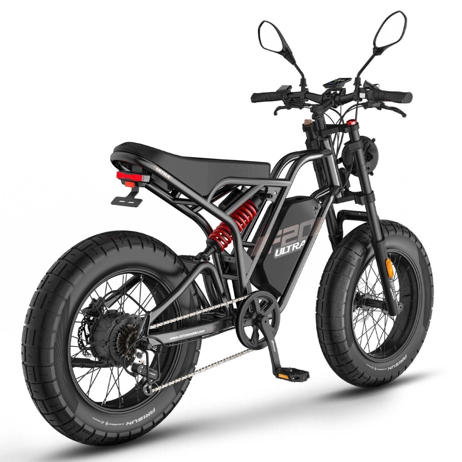 Bicicleta eléctrica negra con neumáticos anchos y amortiguadores rojos, fondo blanco.