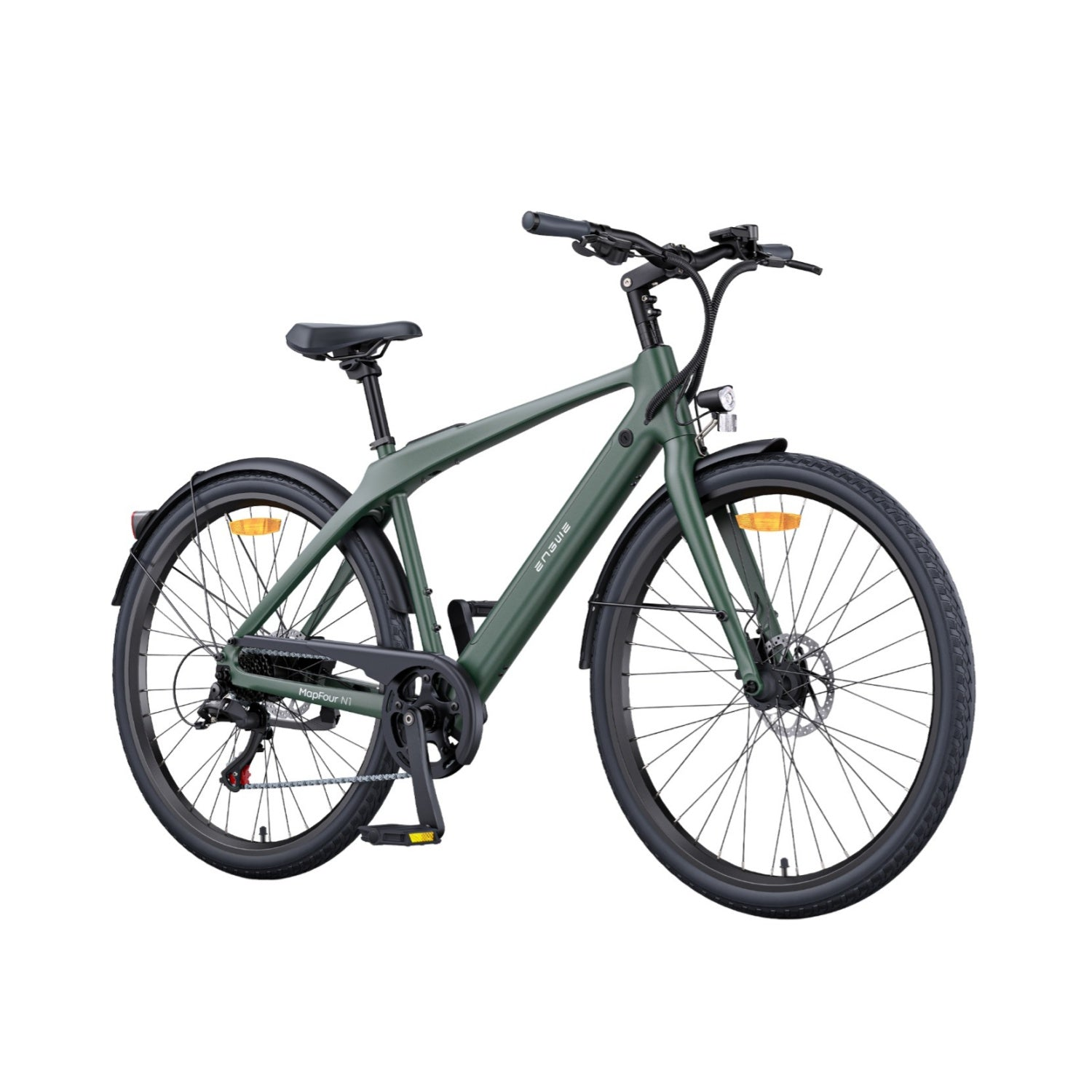 Una bicicleta de hombre verde oscuro con neumáticos, guardabarros y faro negros.