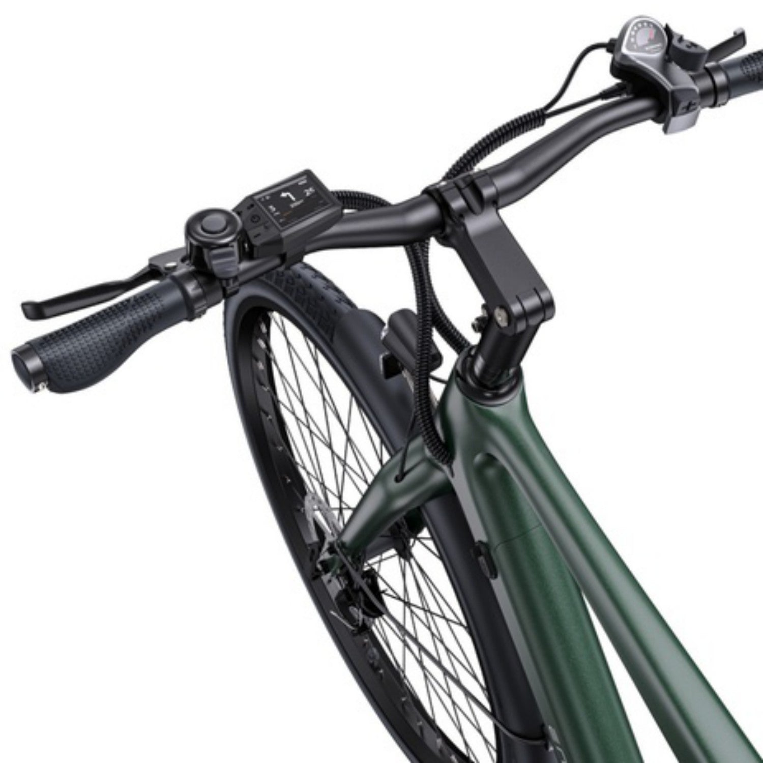 Bicicleta verde oscuro con manillar, pantalla, puño y rueda.