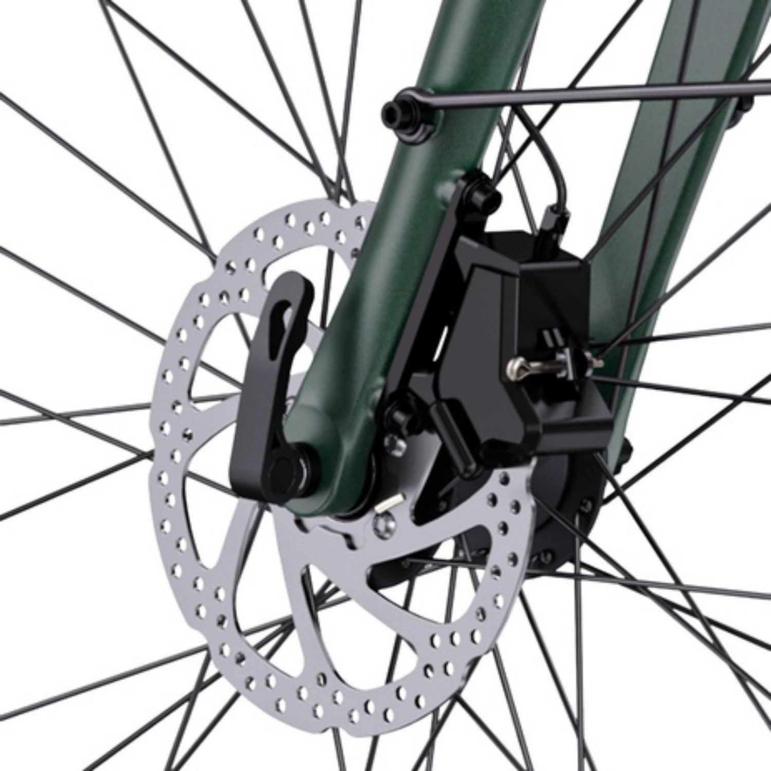 Primer plano de un freno de disco de bicicleta y radios sobre fondo blanco.