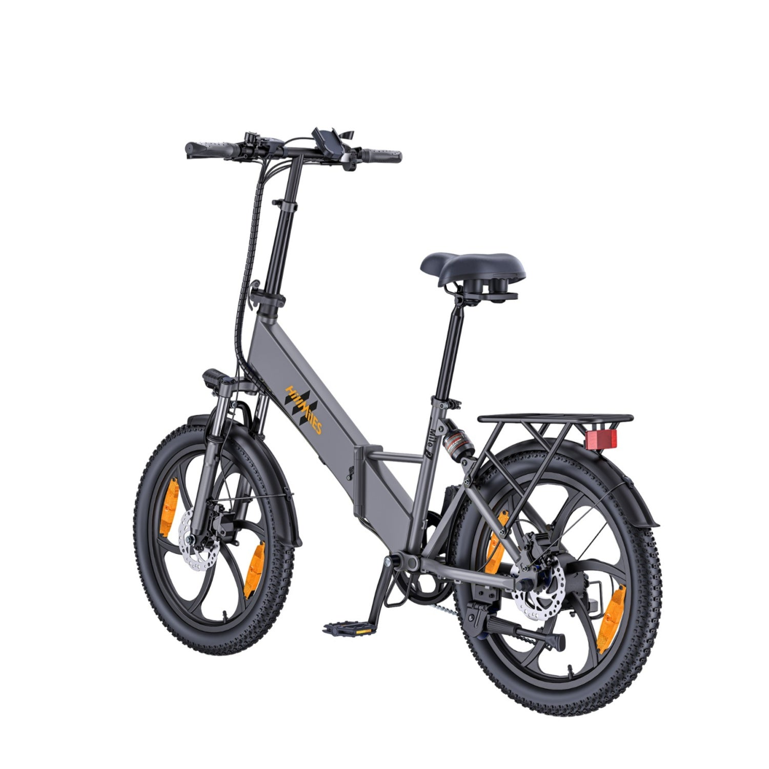 Graues faltbares E-Bike mit breiten Reifen und Gepäckträger.