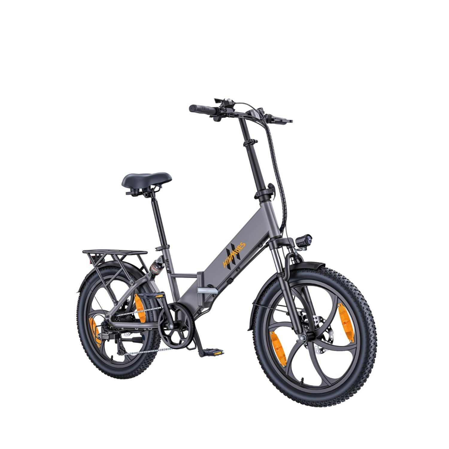 Graues faltbares E-Bike mit schwarzem Sattel, Gepäckträger und breiten Reifen.