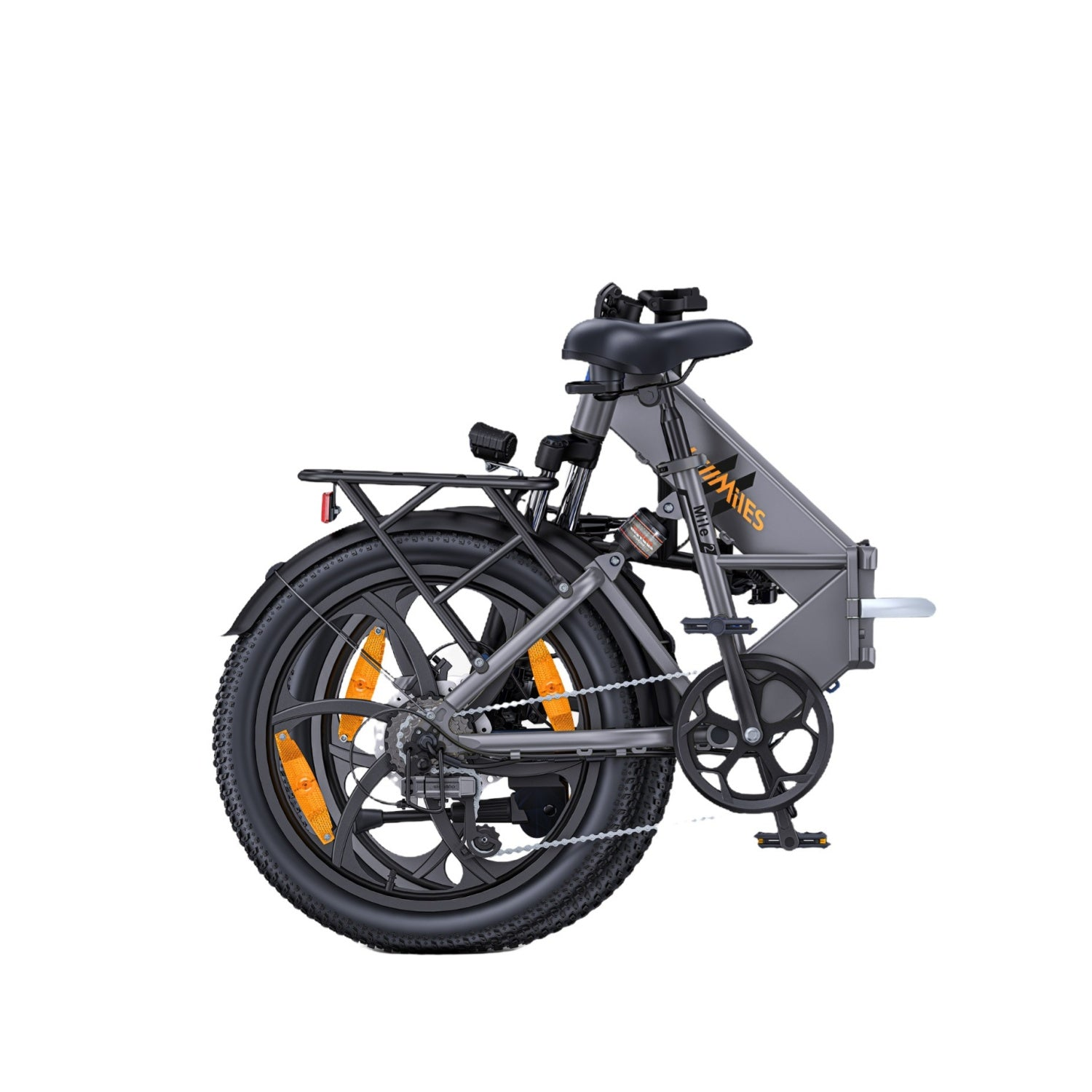 Graues faltbares E-Bike mit schwarzem Sattel, Gepäckträger und Reifen.