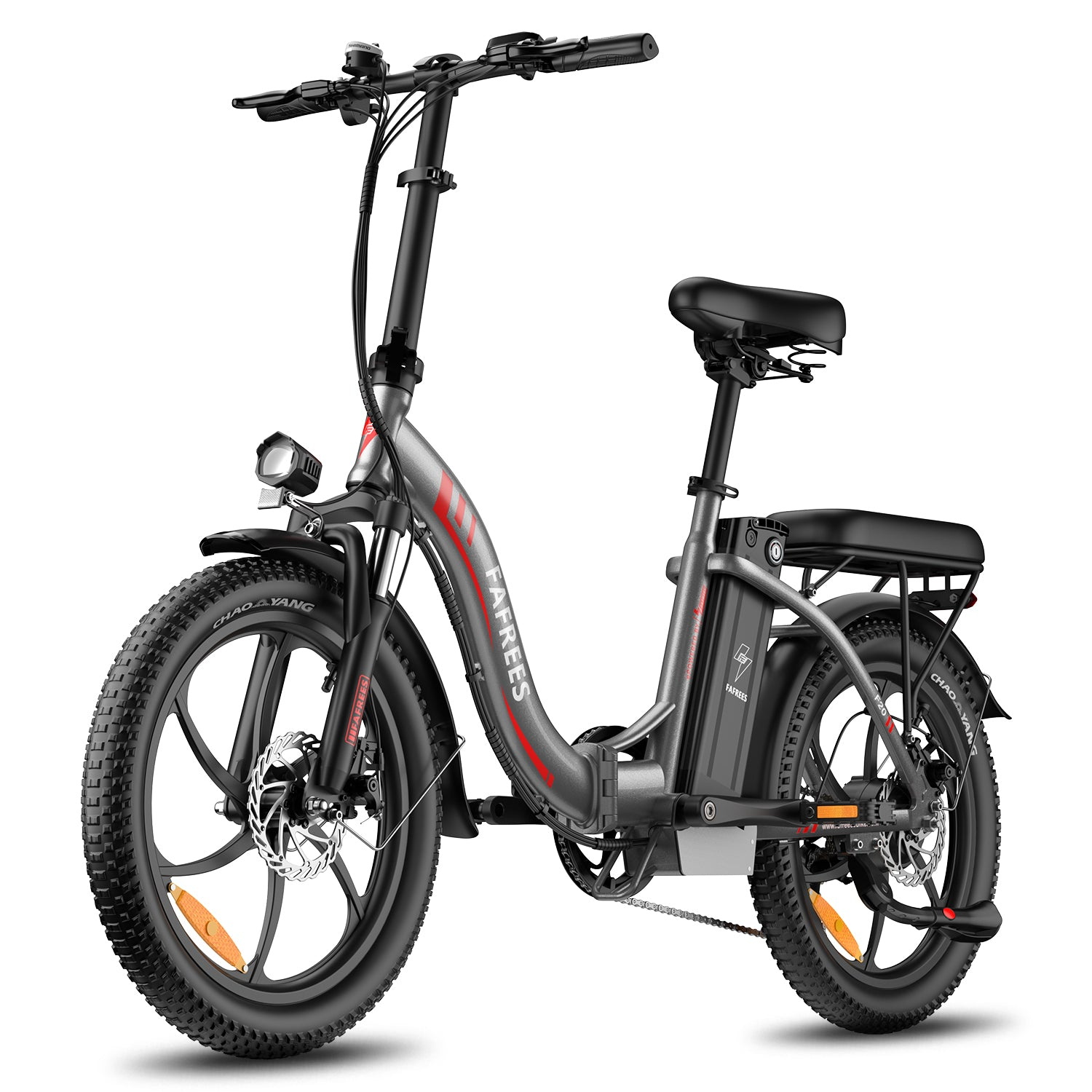 Una bicicleta eléctrica plegable gris con neumáticos anchos, detalles rojos y faro delantero.