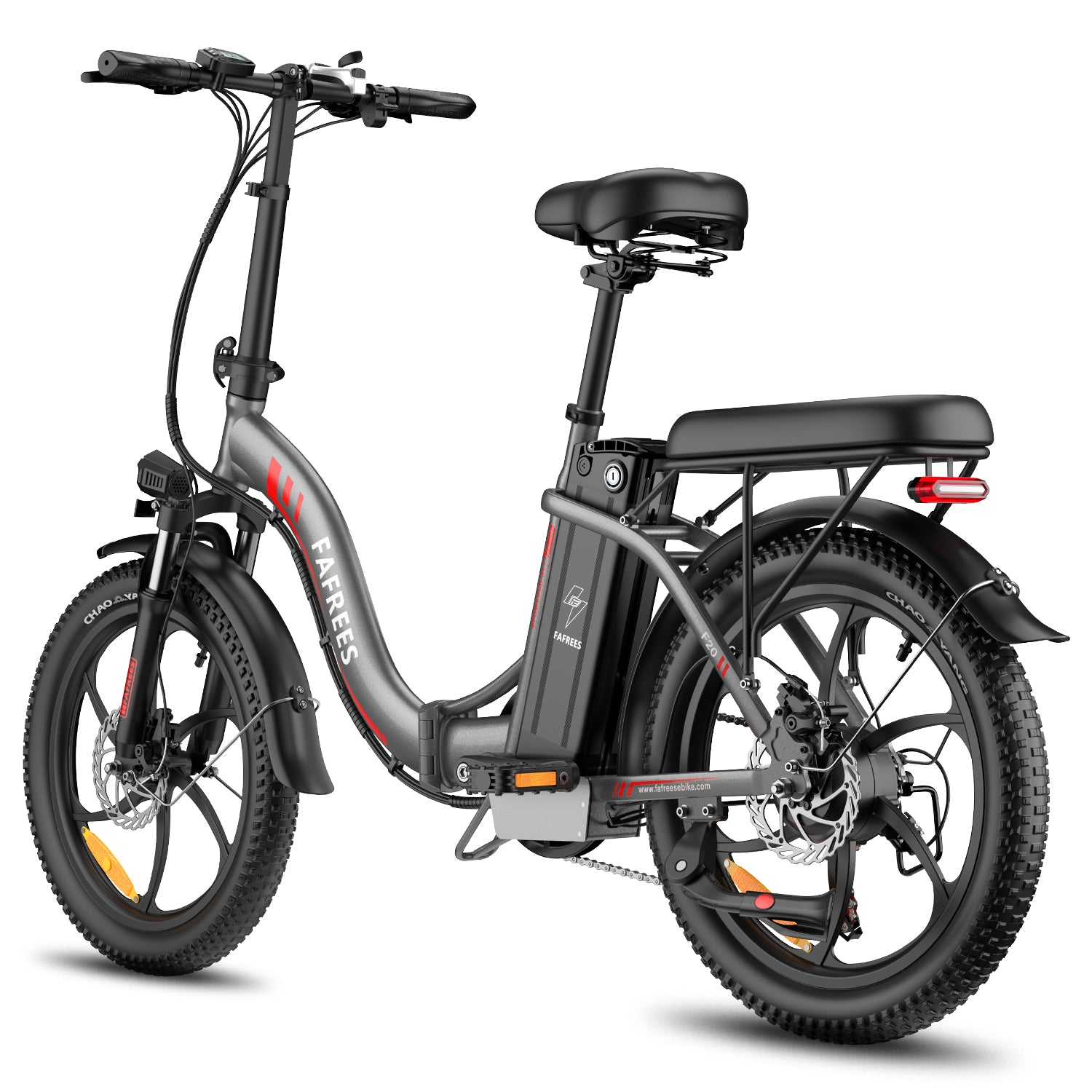 Bicicleta eléctrica plegable gris con sillín negro y portabultos.