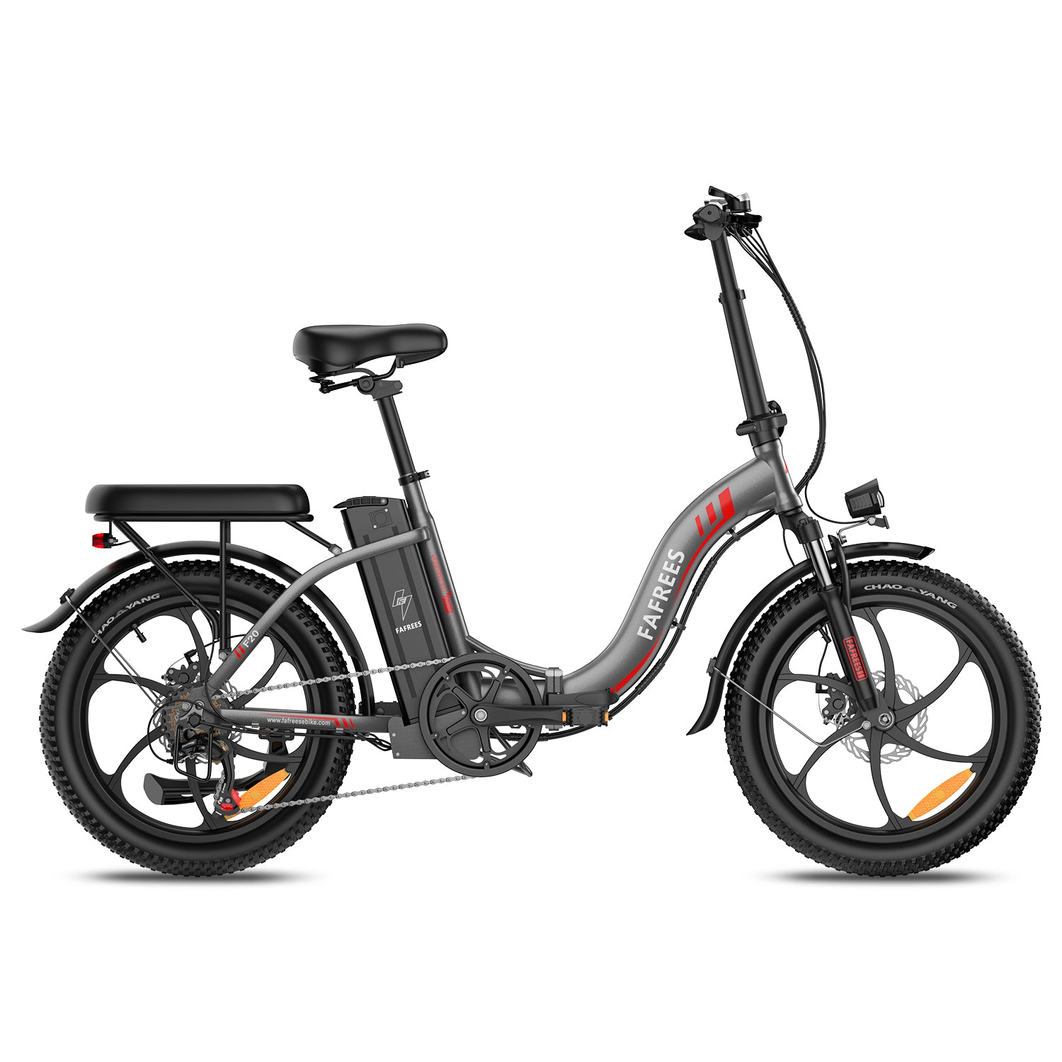 Bicicleta eléctrica plegable gris con sillín y portaequipajes negros.