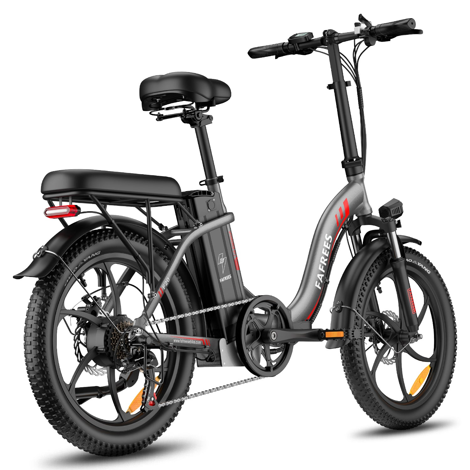 Bicicleta eléctrica plegable gris con llantas anchas, portaequipajes y luz trasera.
