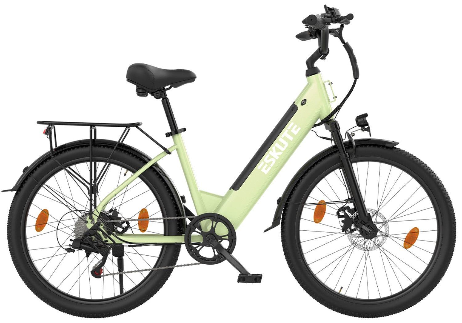 Ein hellgrünes Elektrofahrrad mit schwarzem Sattel, Gepäckträger und Reifen.