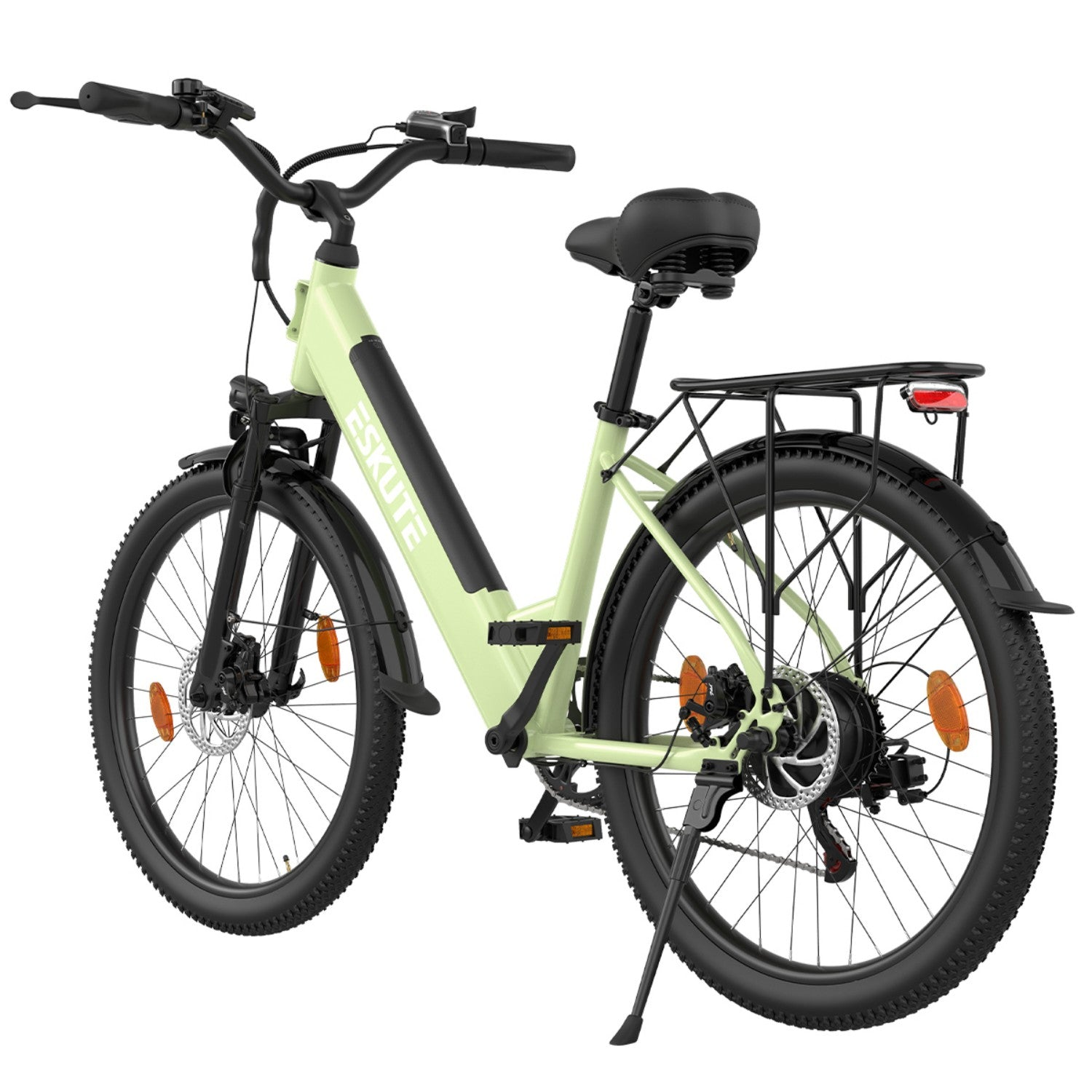 Eine hellgrüne Damen-Elektrofahrrad mit schwarzem Sattel, Gepäckträger und Reifen.