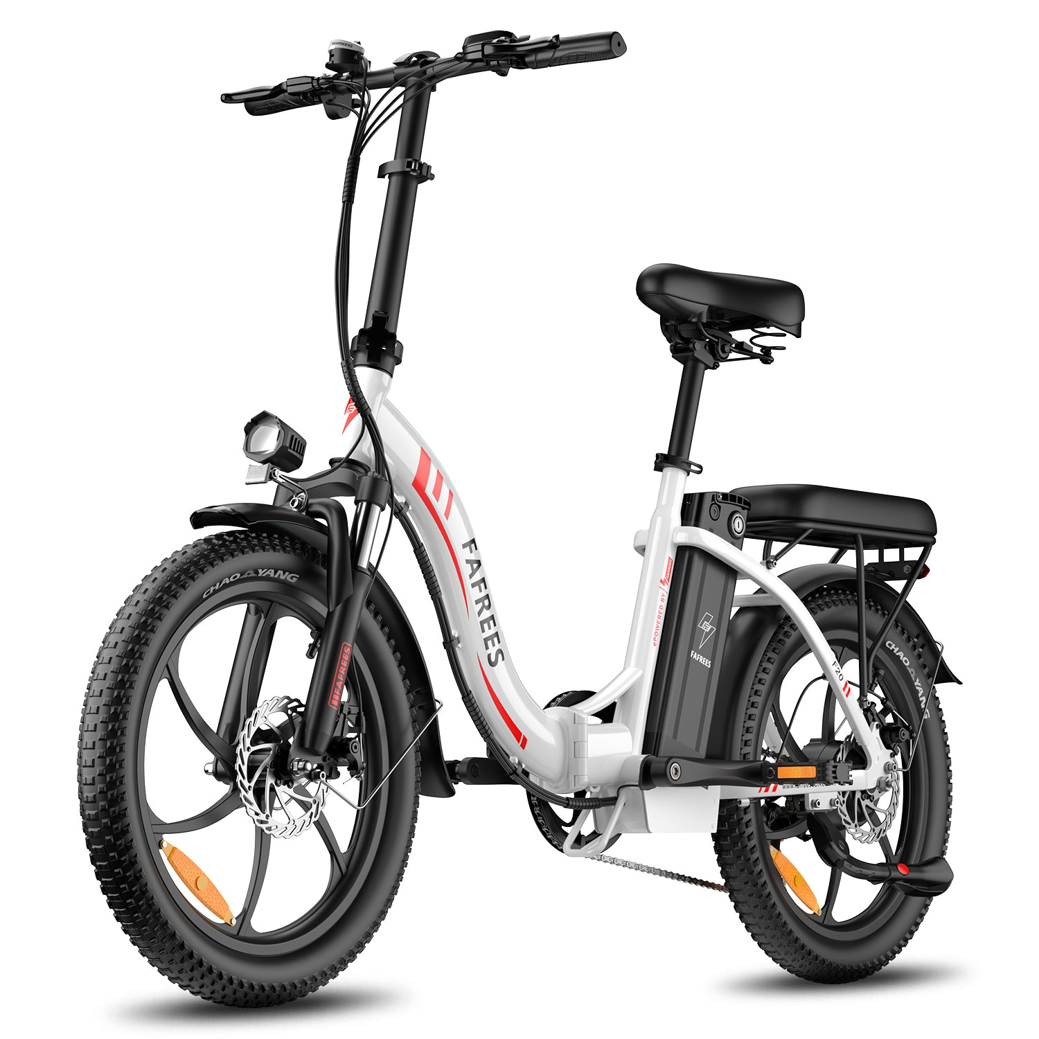 Una bicicleta eléctrica blanca con neumáticos anchos y portaequipajes.