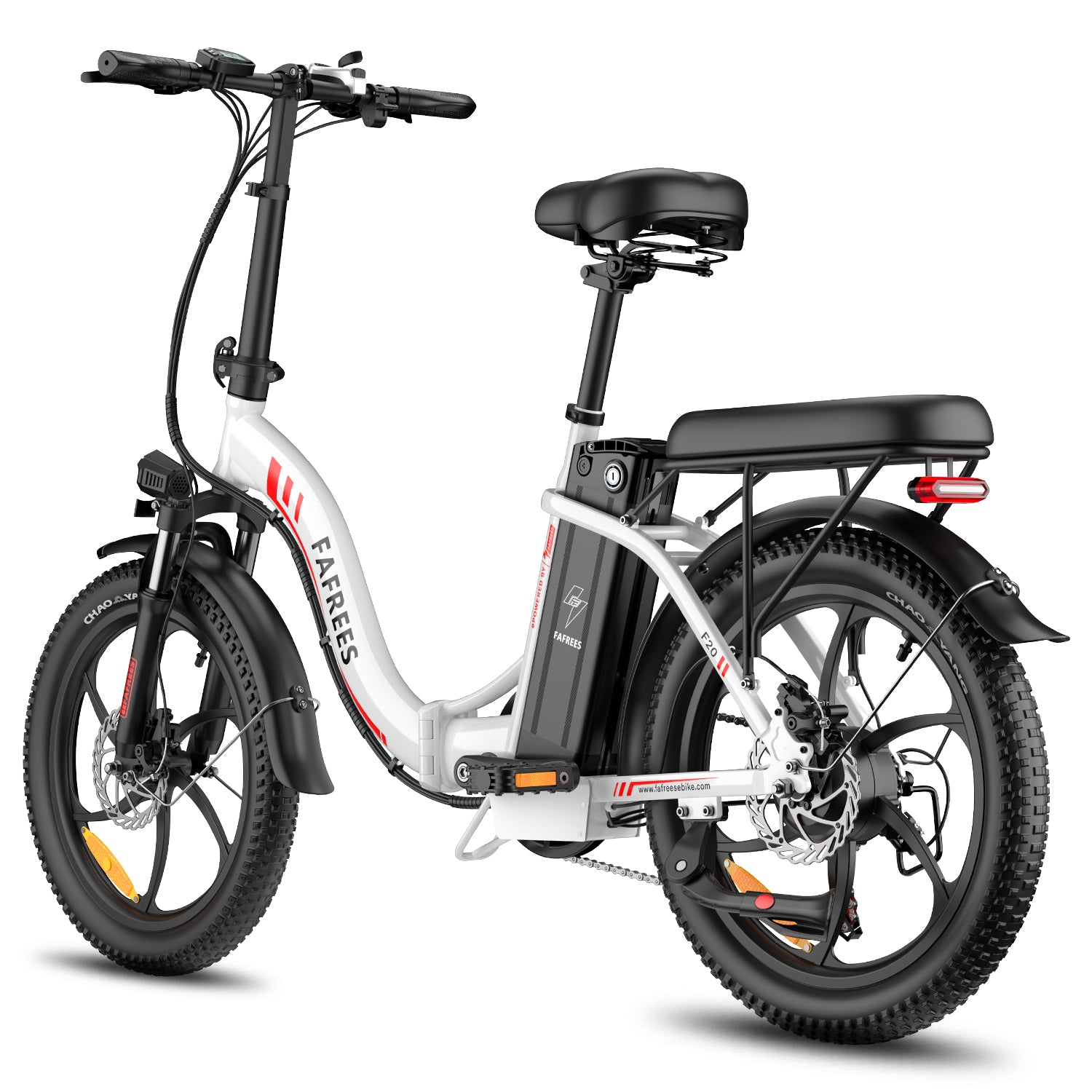 Una bicicleta eléctrica blanca con neumáticos, asiento y manillar negros.