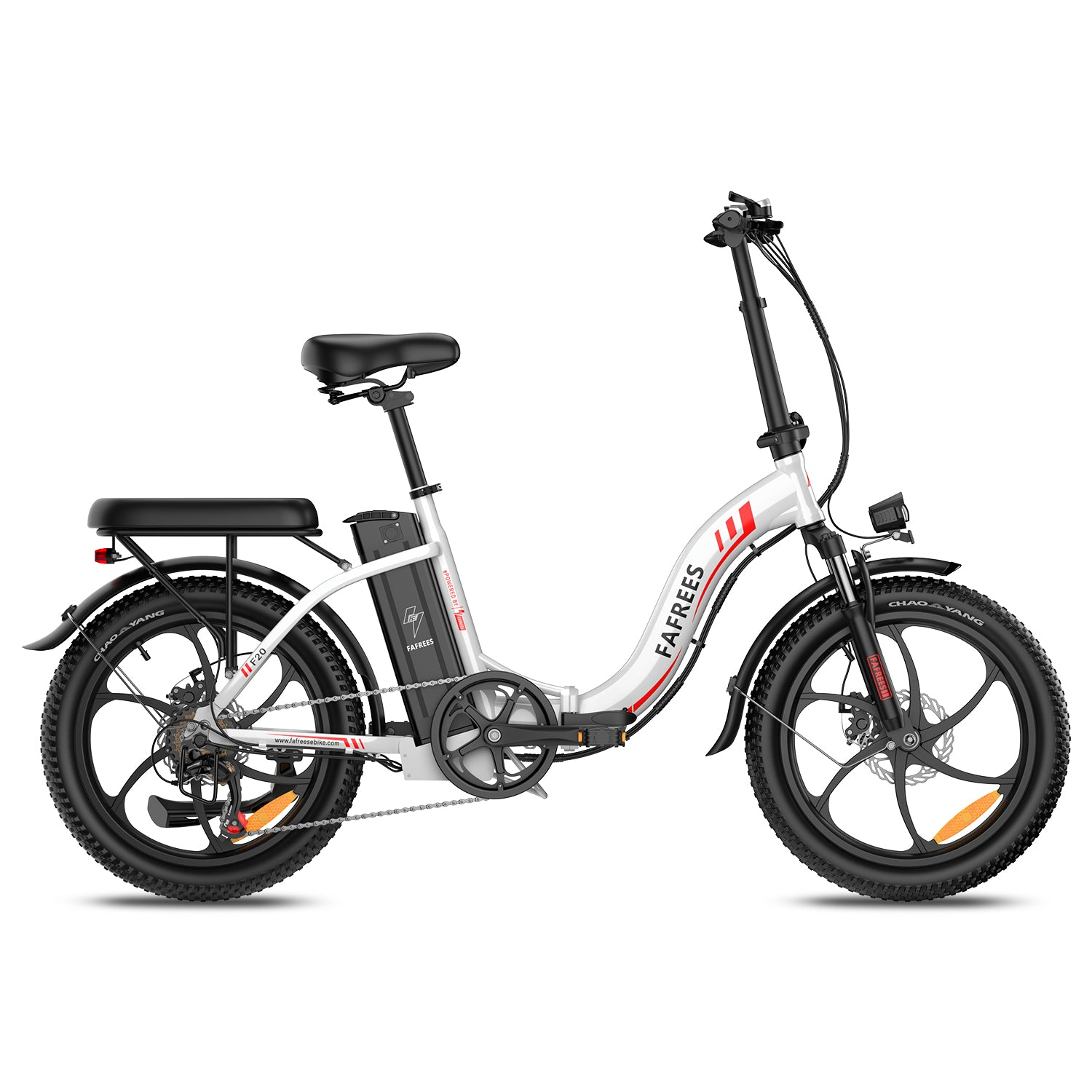 Una bicicleta eléctrica plegable blanca con neumáticos y llantas negras, cuadro blanco y sillín negro.
