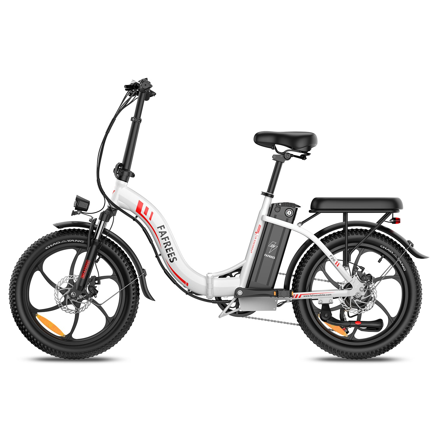 Una bicicleta eléctrica plegable blanca con neumáticos, sillín y portaequipajes negros.