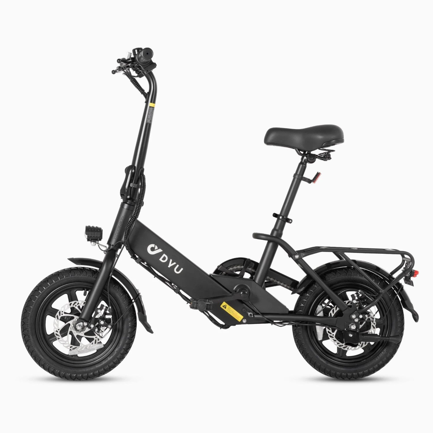 Una bicicleta eléctrica plegable negra con portaequipajes y frenos de disco.