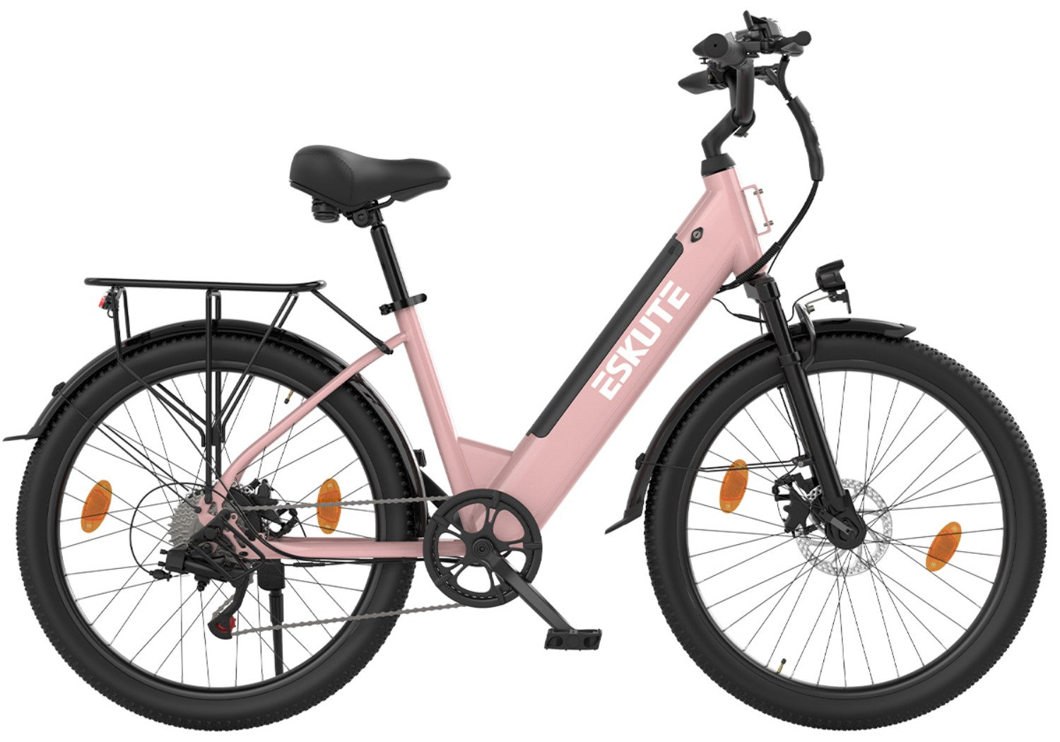 Ein rosafarbenes E-Bike mit schwarzem Gepäckträger, Sattel und Reifen.