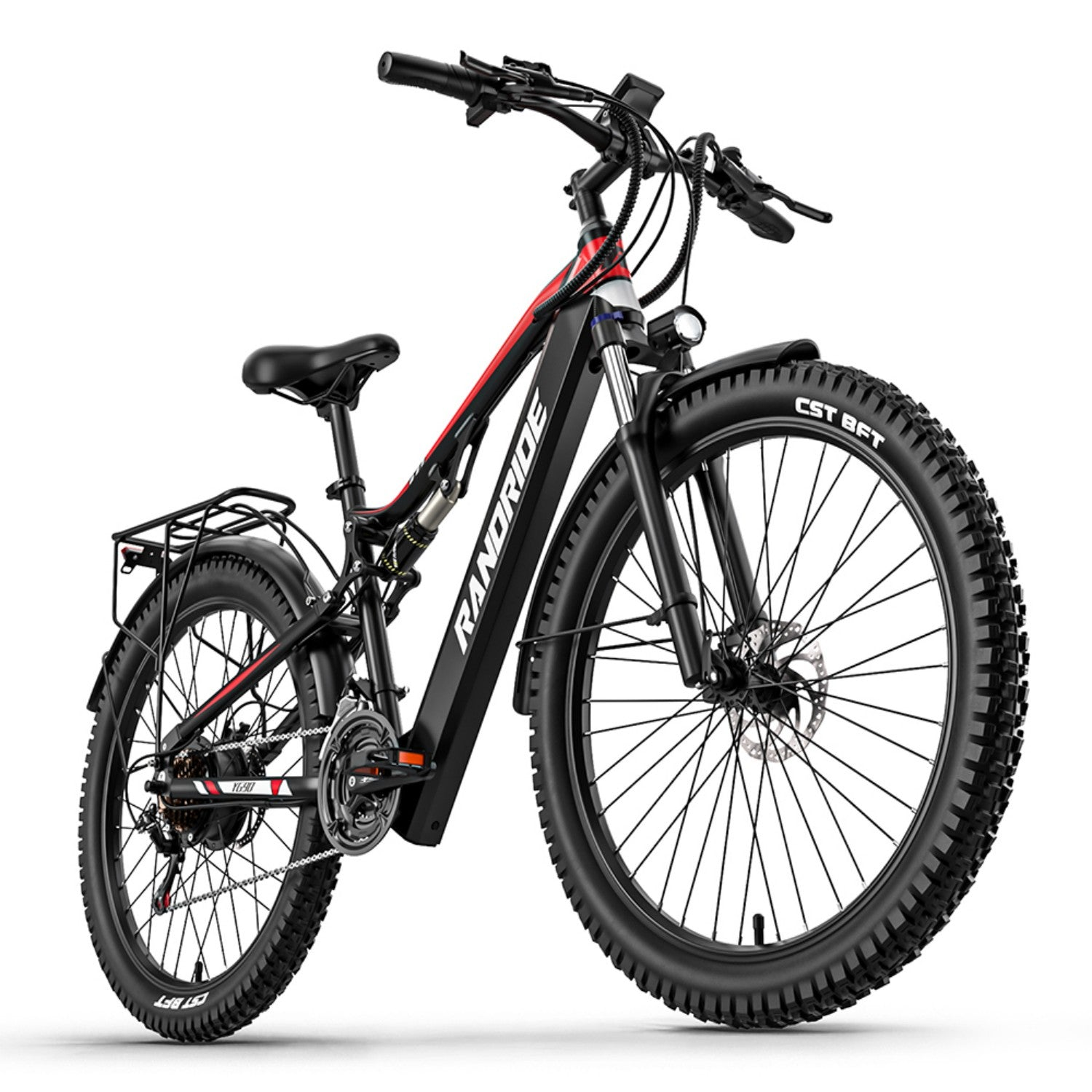 Bicicleta eléctrica negra con neumáticos anchos, línea roja y portaequipajes.