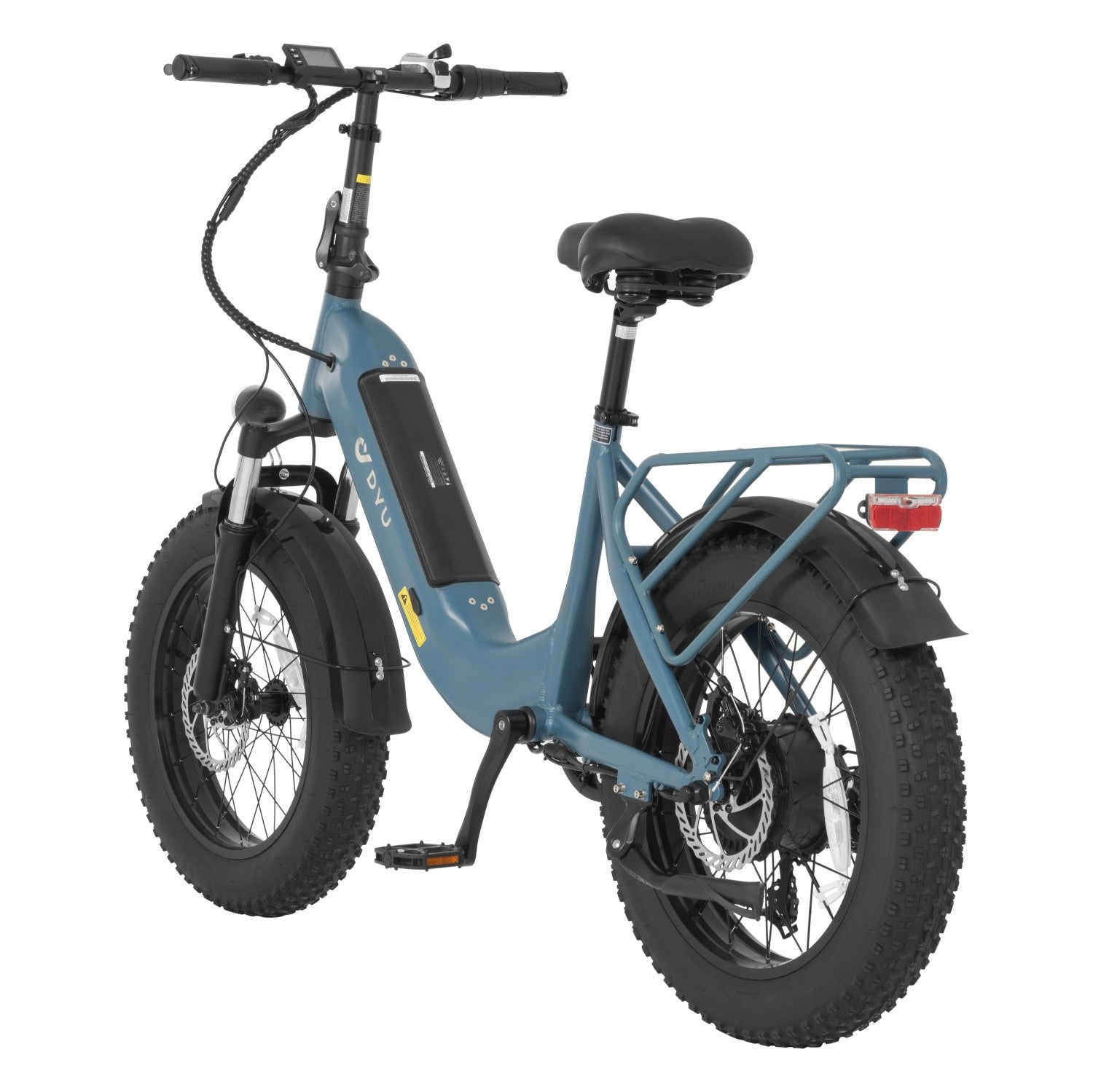 Bicicleta eléctrica azul con neumáticos anchos, portabultos y frenos de disco.