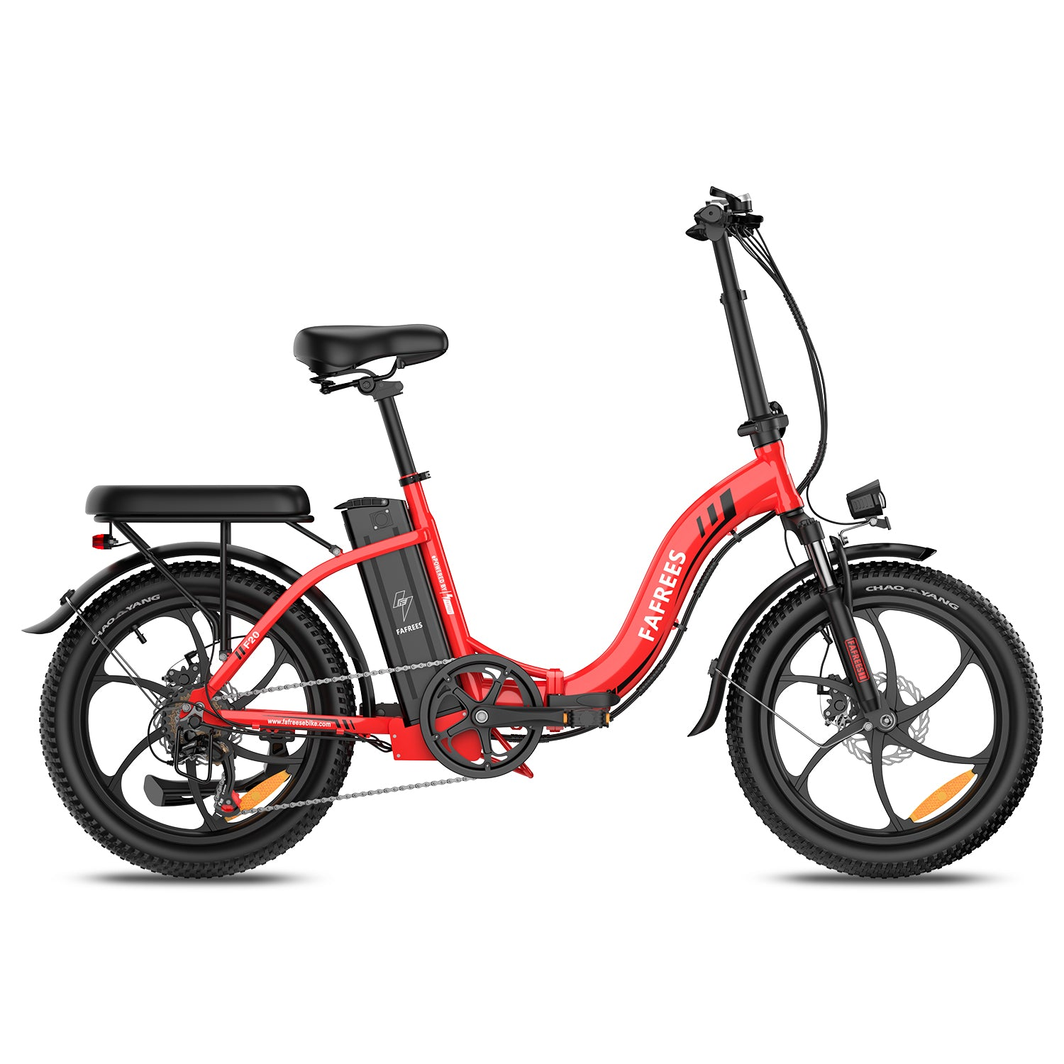 Una bicicleta eléctrica plegable roja con sillín y portaequipajes negros.