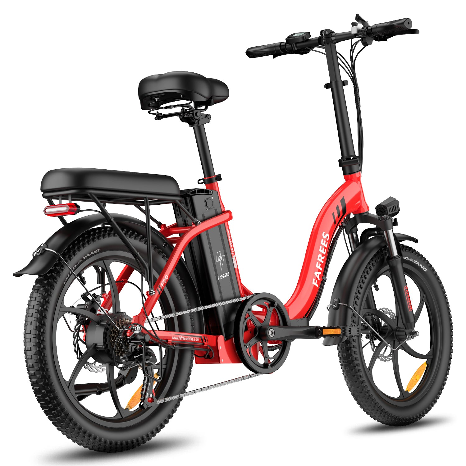Bicicleta eléctrica plegable roja con neumáticos y sillín negros, fondo blanco.